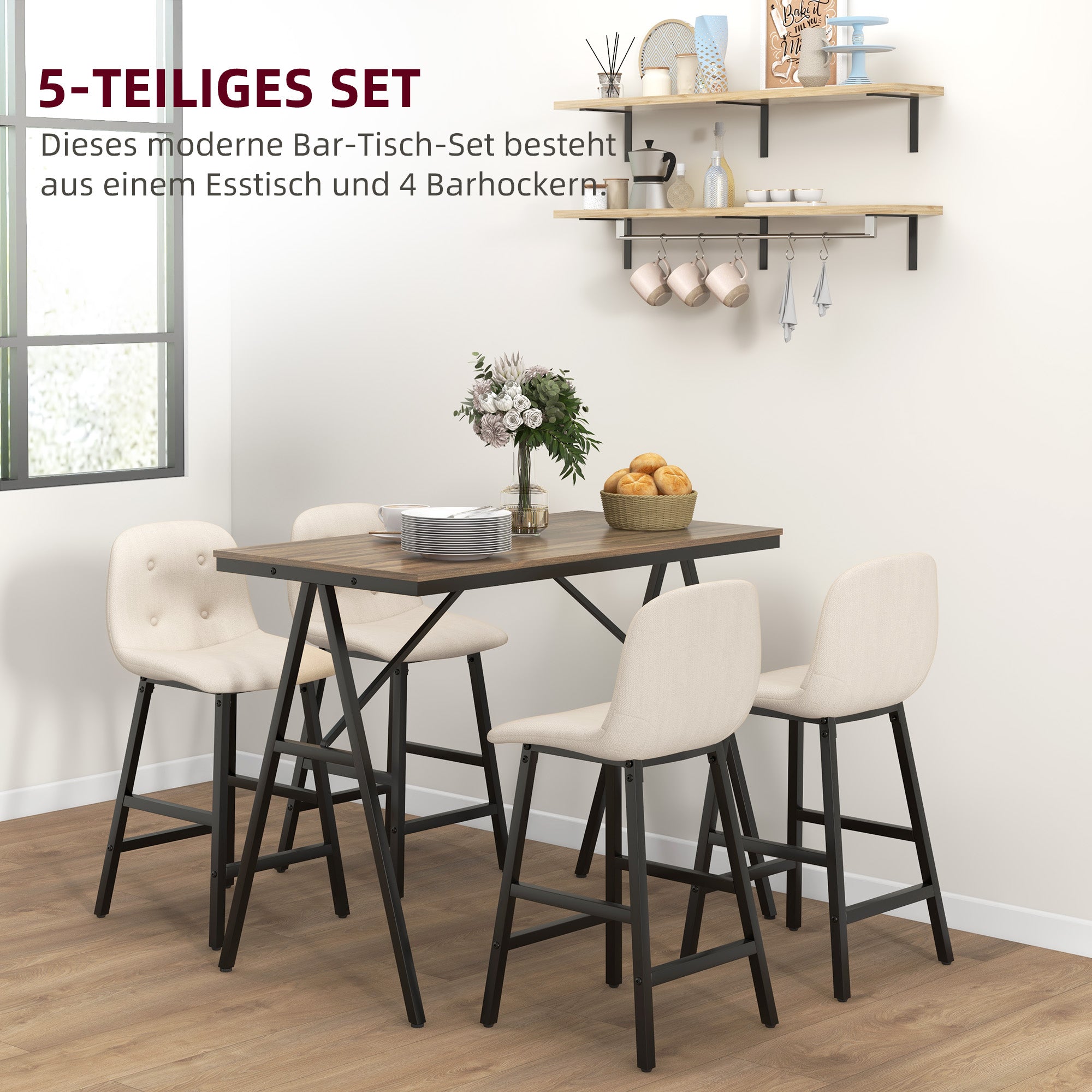 HOMCOM Bargarnitur 5-teilig, Tisch und 4 Stühle, Knopfheftung, dicke Polsterung, Leinenoptik, Beige
