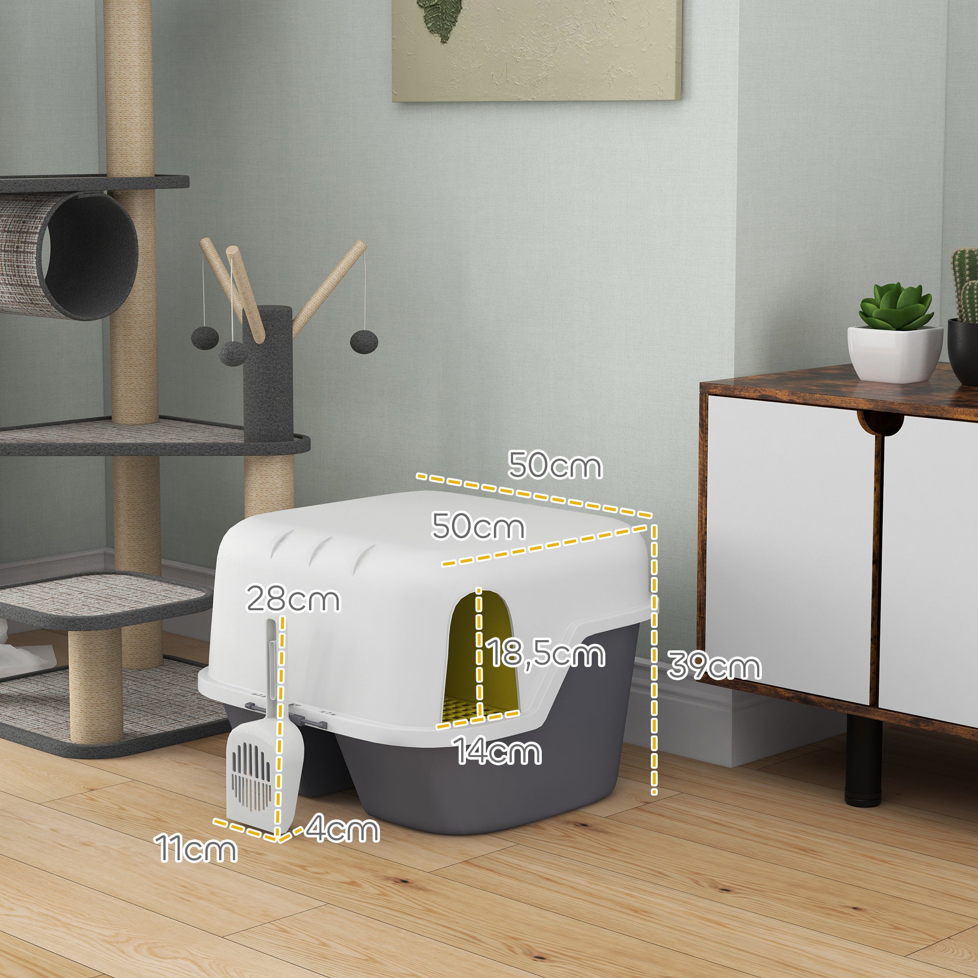 PawHut Katzentoilette, Katzenklo mit Deckel und Schaufel, leicht zu reinigen, verschließbar, Weiß