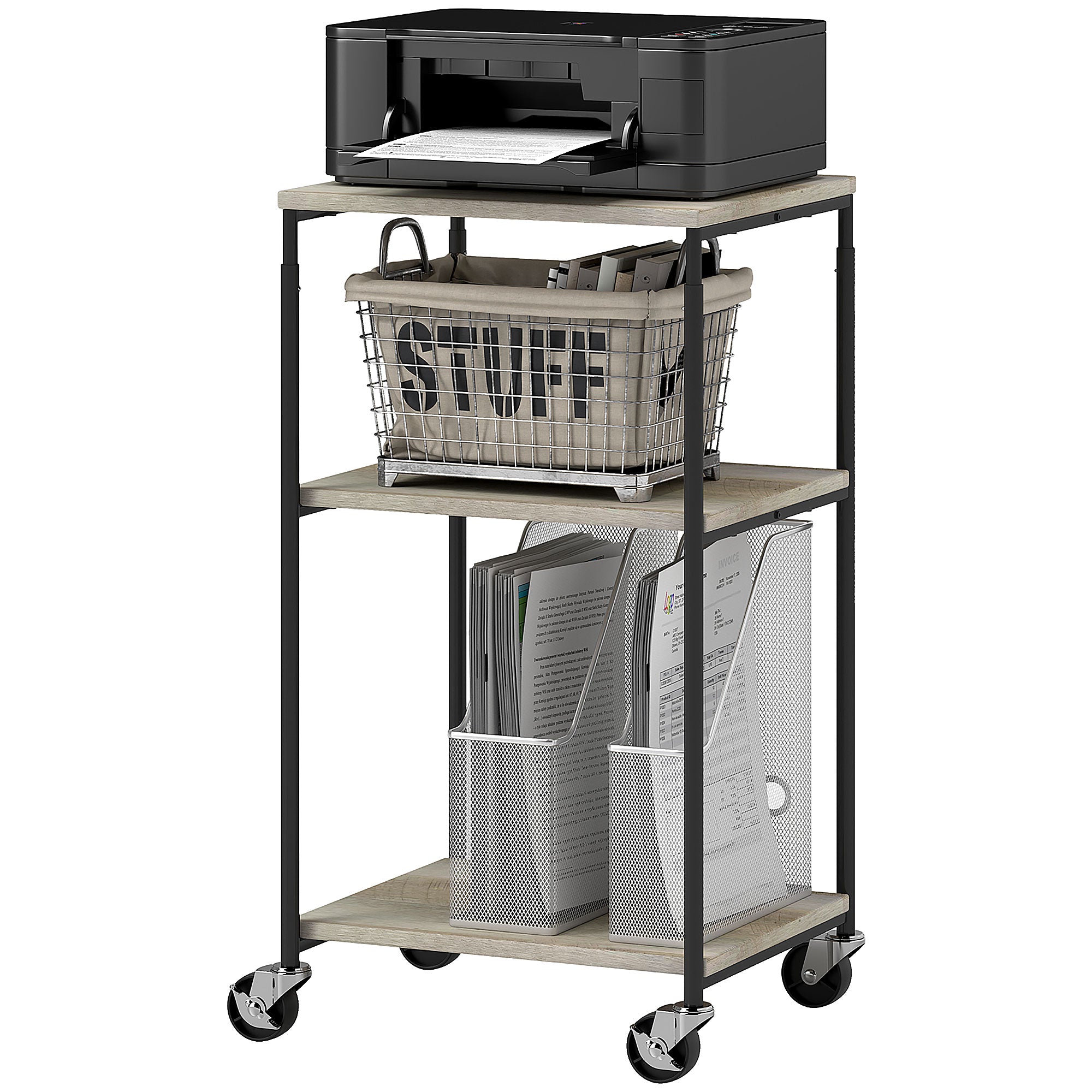 HOMCOM Druckerständer mit 3 Ebenen, höhenverstellbar, Mobiler Druckertisch auf Rollen, für Homeoffice, Metall und Holz