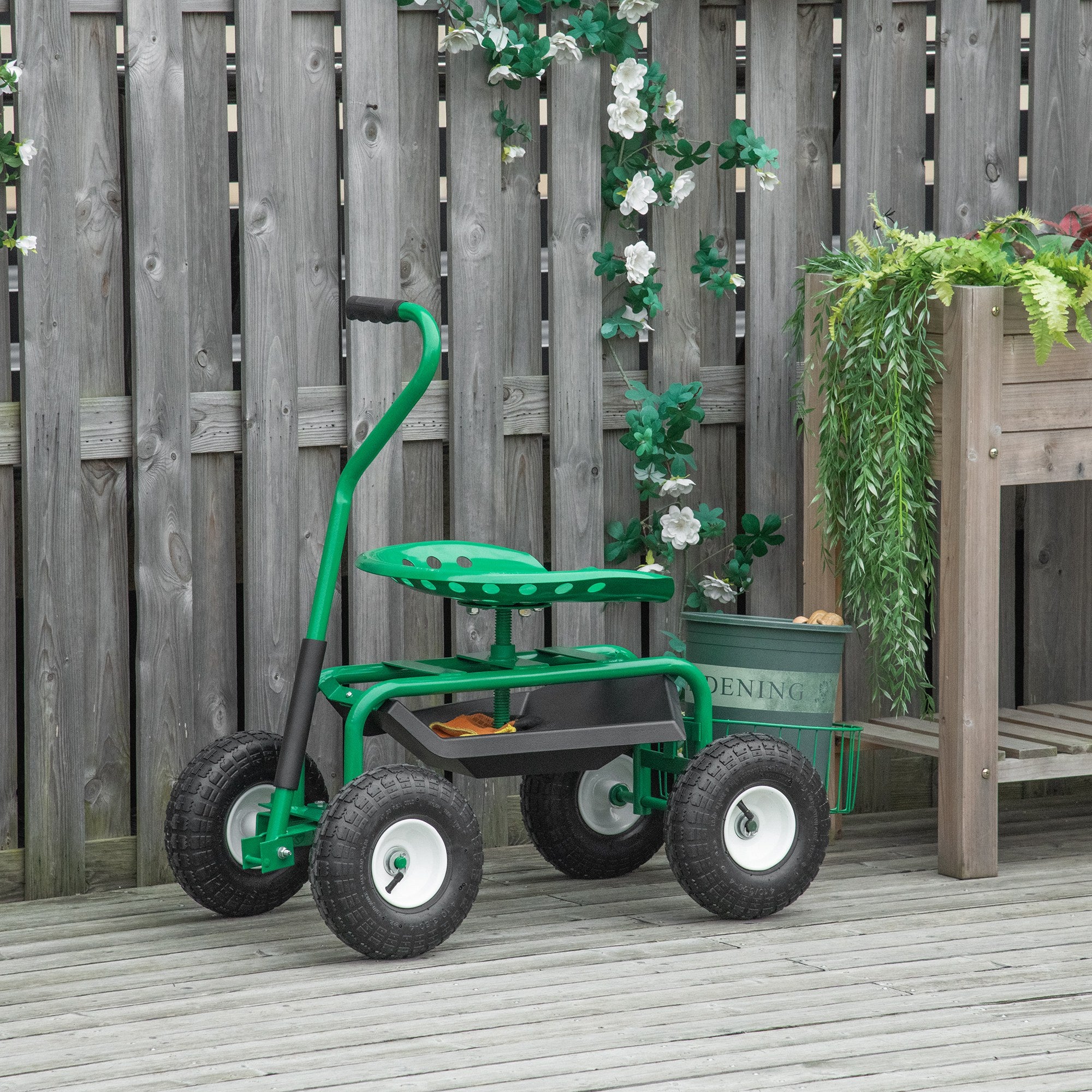 Outsunny Gartenwagen mit Rollsitz bis 150 kg mit Ablage Korb für kleine Gartengeräte Werkstattwagen fahrbar Gartensitz Richtung steuerbar Sitzhöhe 46-59 cm höhenverstellbar Metall Gummi Grün