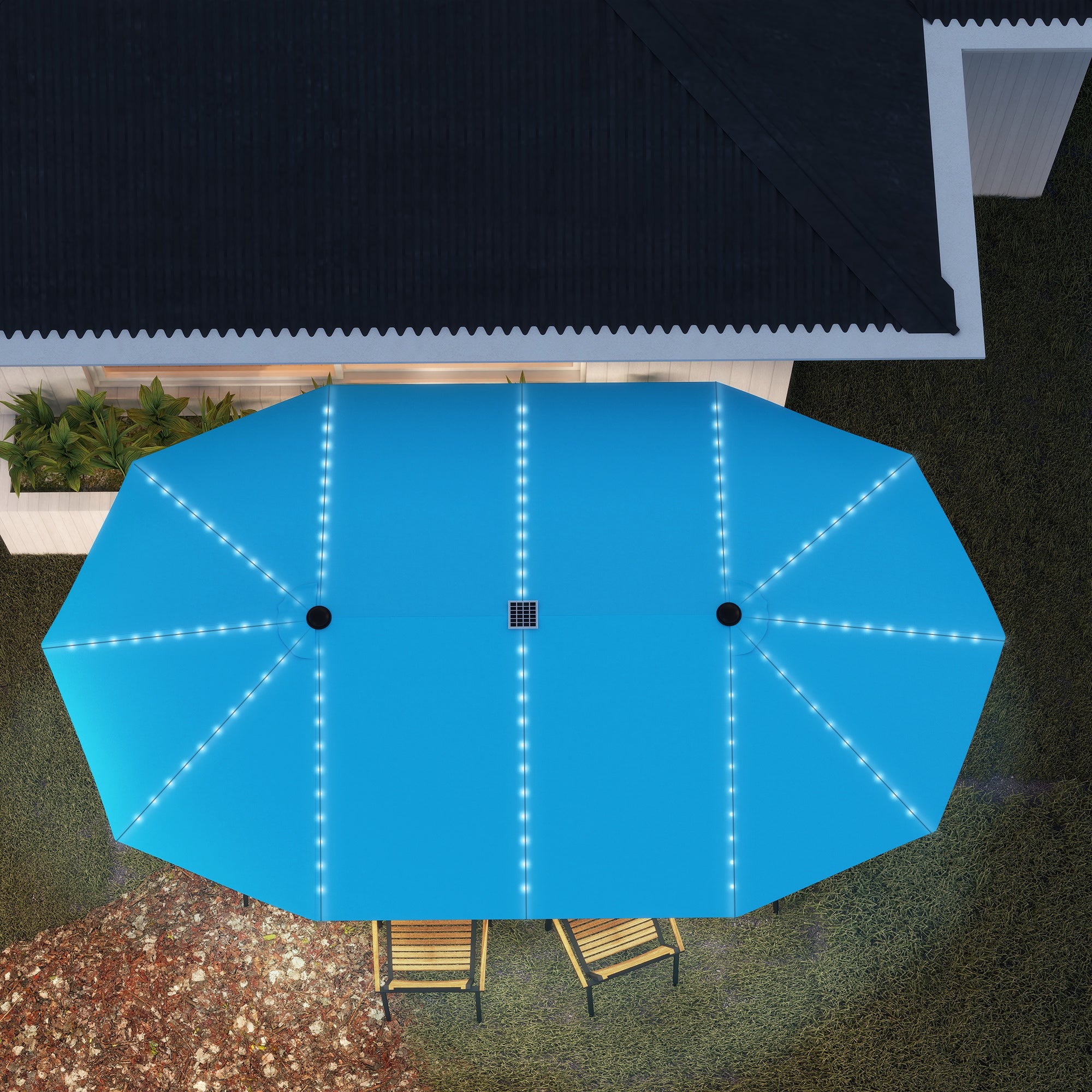 Outsunny Doppelschirm mit Solar-Lichtern, Aluminium, Polyester, UPF50+ Schutz, UV-beständig, Terrassenschirm, Blau