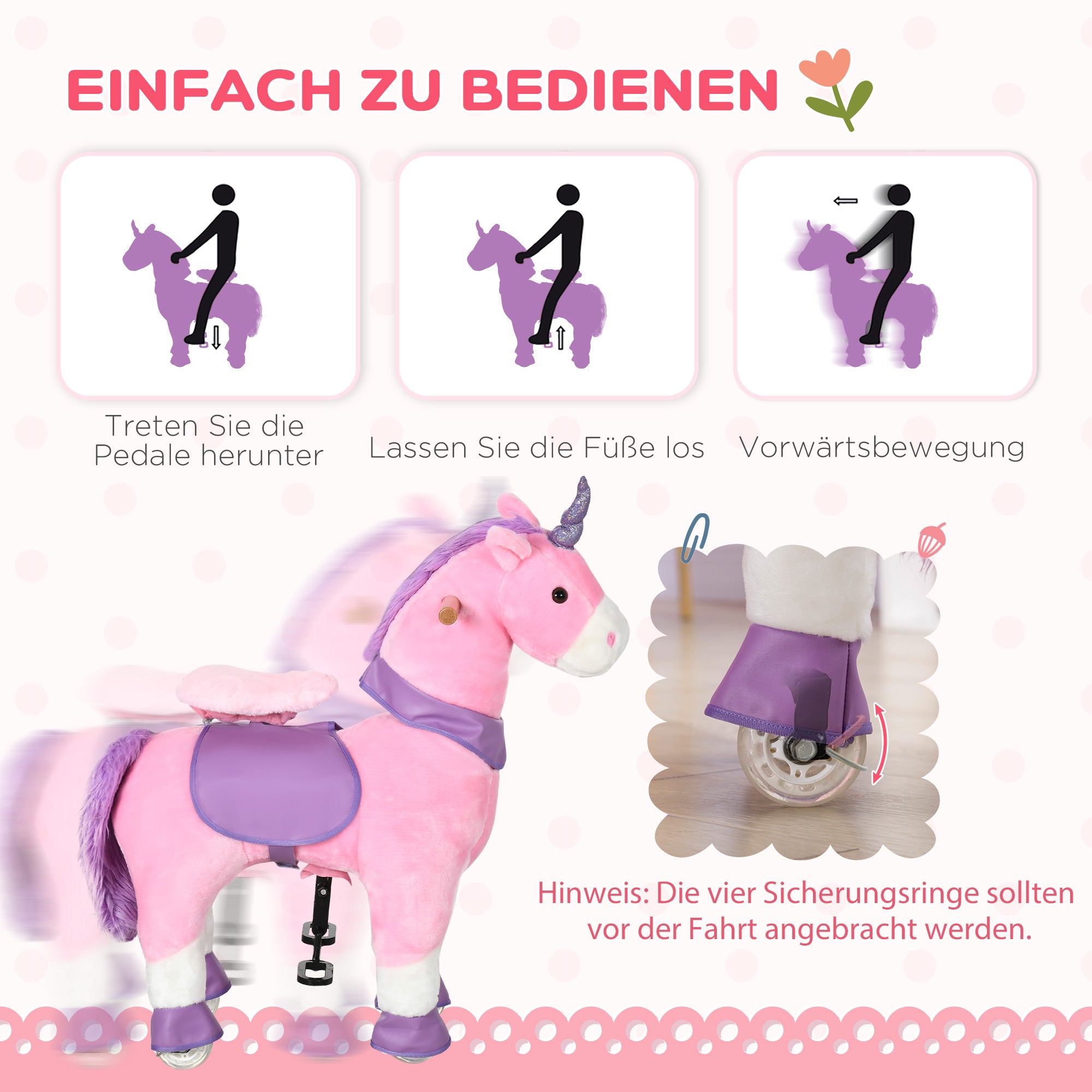 HOMCOM Schaukelpferd Einhorn, 4 Rollen, 2 Pedale, gepolsterter Sattel, 70 cm x 32 cm x 87 cm; Pink + Lila + Weiß
