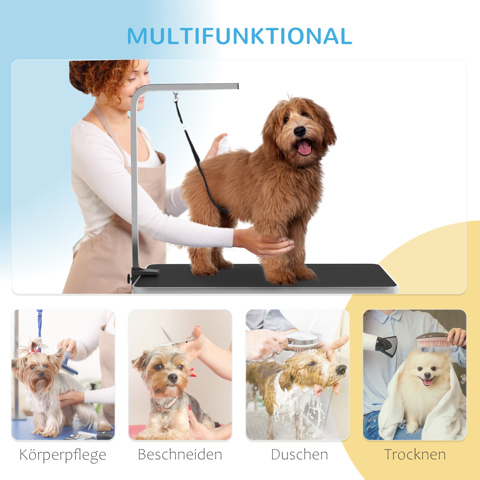 PawHut Hundepflegetisch, Frisiertisch mit einstellbarem Arm, Aufbewahrungsfach, Gummioberfläche, 90 x 60 x 76 cm, Schwarz