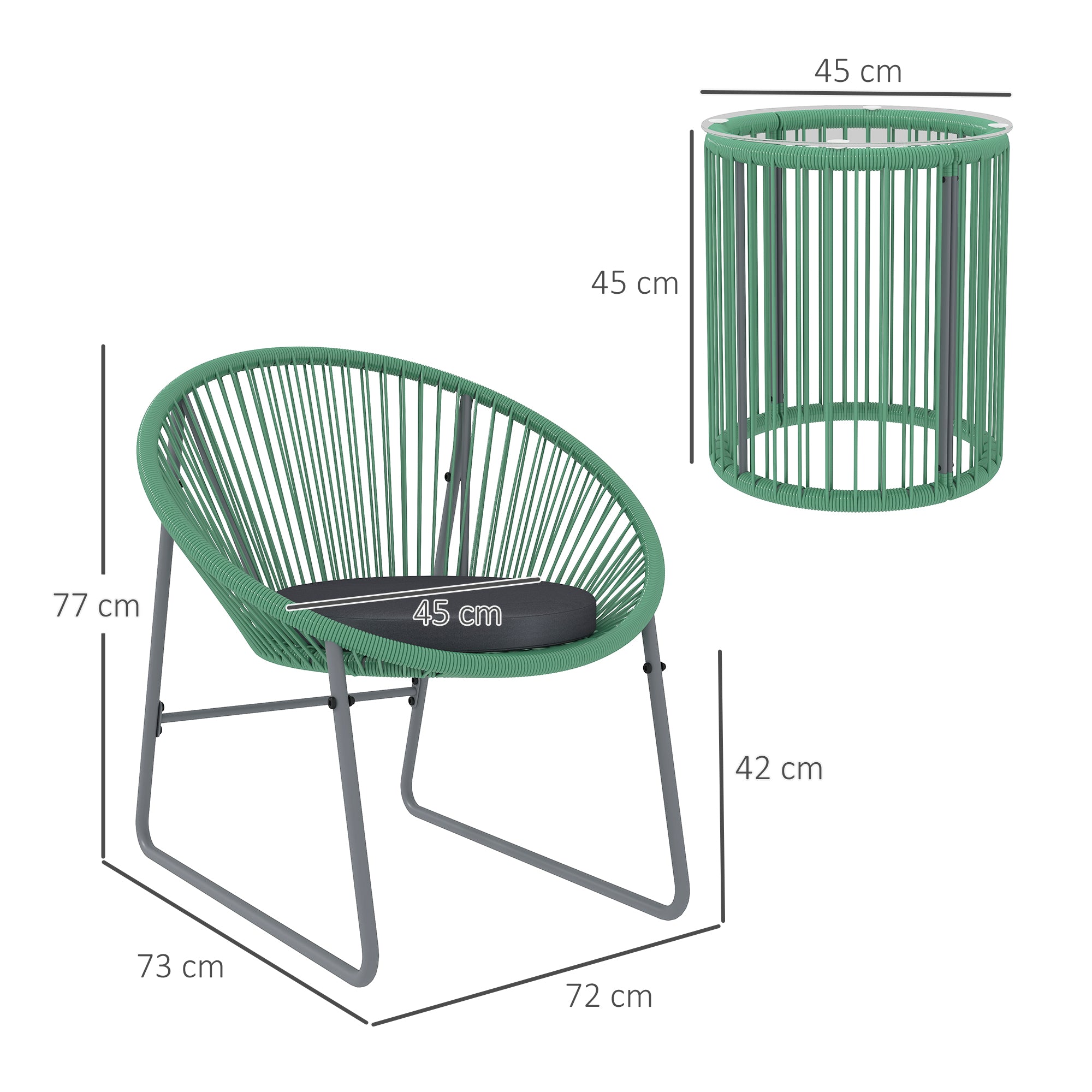 Outsunny 3-teiliges Outdoor-Möbelset, 1 Tisch, 2 Stühle, Glastischplatte, Kunststoff-Rattan um Stahlrahmen, weiche Kissen, Grün