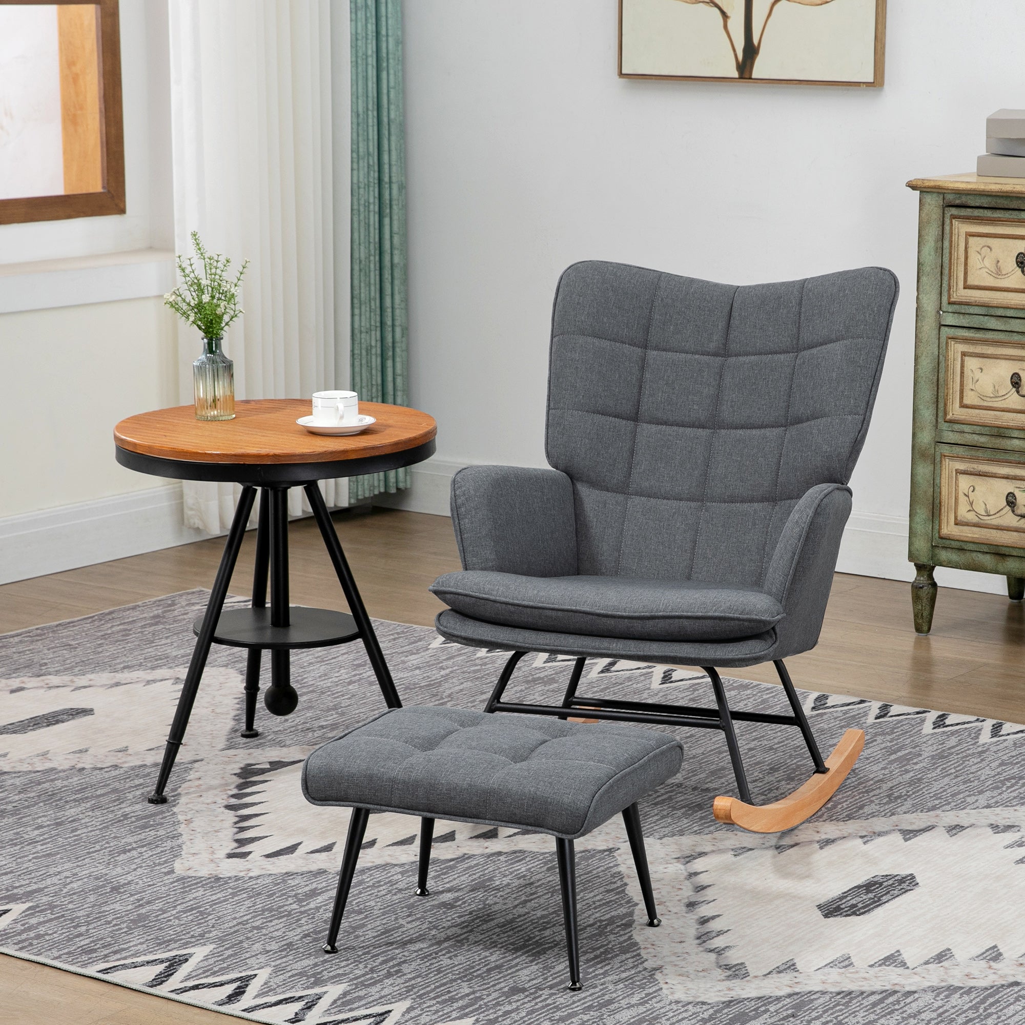 HOMCOM Schaukelstuhl mit Hocker, komfortabel, bis 130 kg, Leinenoptik, 64x89x90cm, Grau