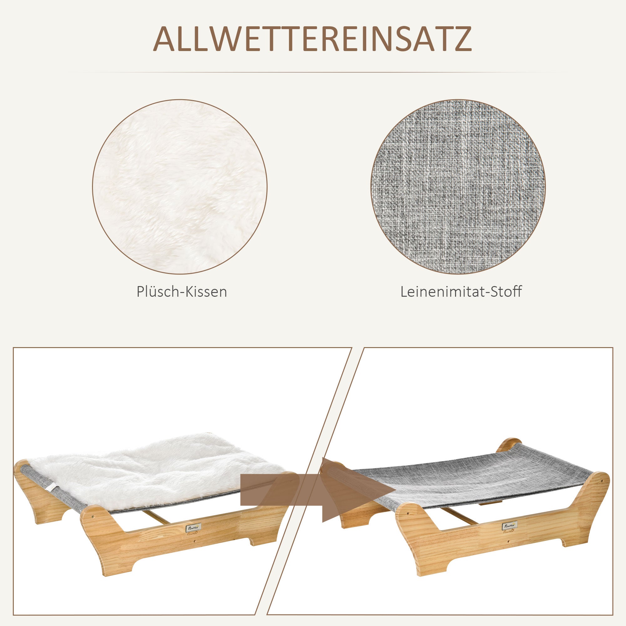 PawHut Katzenbett mit Gestell Hängematte für Katzen erhöhtes Katzennest mit weichem Kissen Kiefernholz Natur 68 x 43 x 20 cm