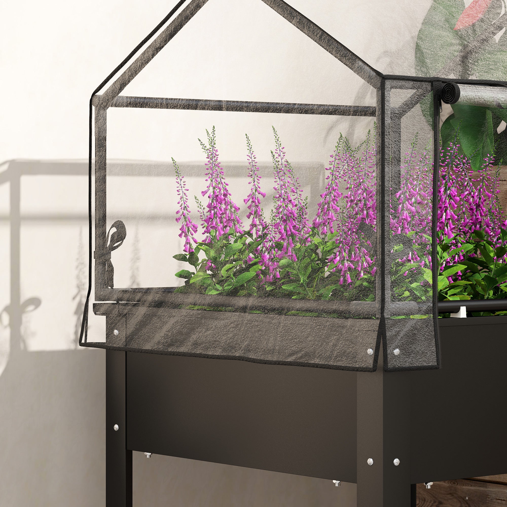 Outsunny Hochbeet mit Gewächshaus-Dach, Erhöhte Pflanzenbox mit Ablauflöchern, 60 x 60 x 120 cm, Schwarz