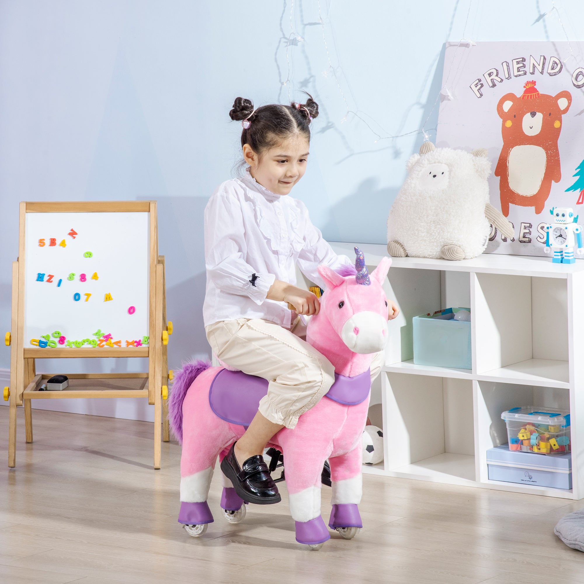 HOMCOM Schaukelpferd Einhorn, 4 Rollen, 2 Pedale, gepolsterter Sattel, 70 cm x 32 cm x 87 cm; Pink + Lila + Weiß