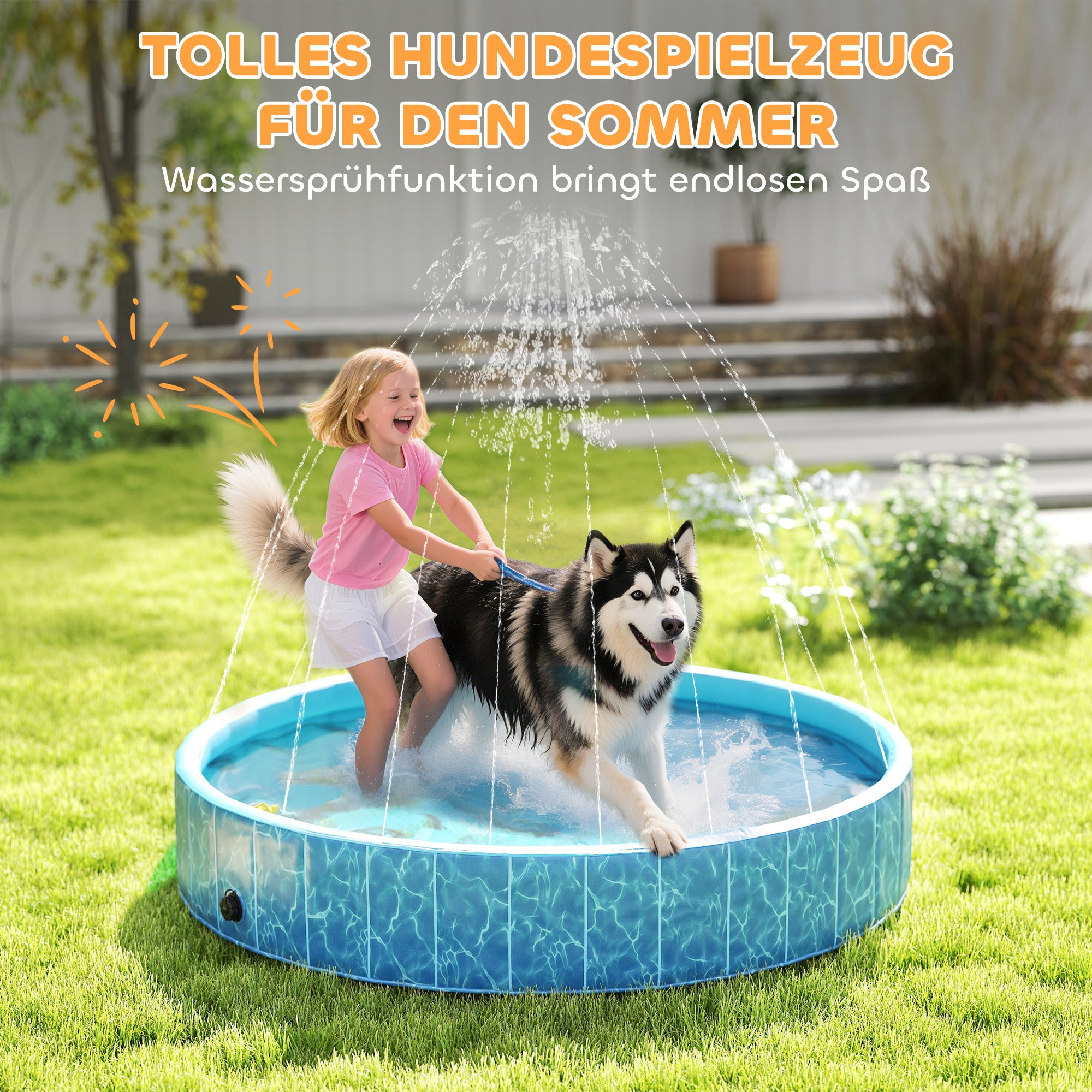 PawHut Hundepool Faltbar Planschbecken mit Brunnen- und Wasserpolsterdesign Ø160 x 30 cm Blau