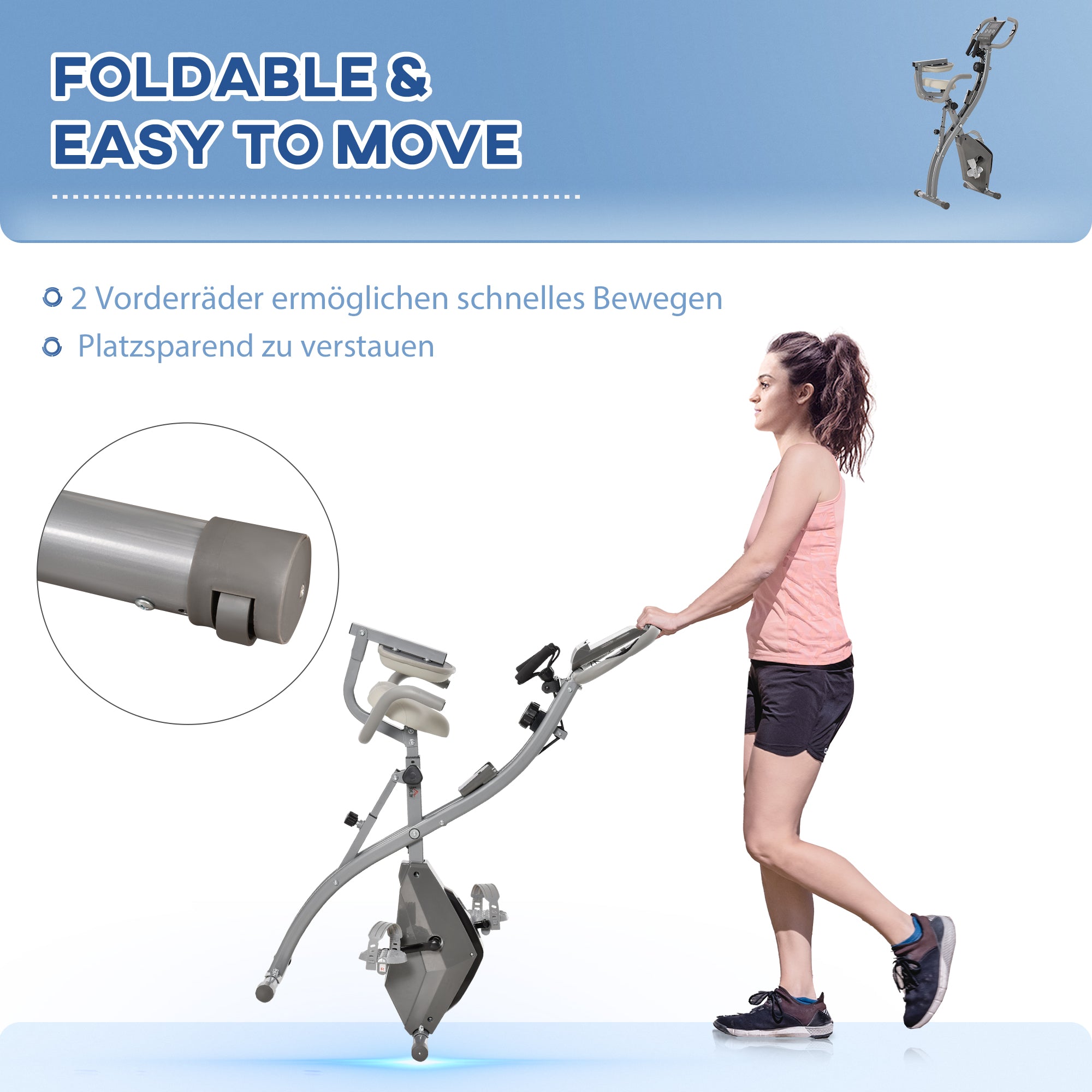 HOMCOM Heimtrainer X-Bike 2-in-1 Fahrradtrainer mit LCD-Display,Pulsmesser, klappbarer Hometrainer Trimmrad mit 8 stufig Magnetwiderstand, 1 Paar Spannseil, Stahl Grau 105x48x118 cm