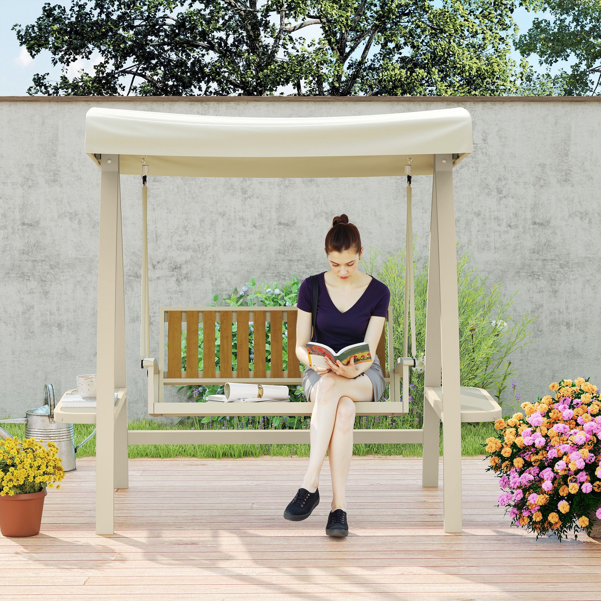 Outsunny Hollywoodschaukel 2-Sitzer Gartenschaukel mit verstellbarem Sonnendach, Seitentisch 200 x 120 x 190cm, Beige