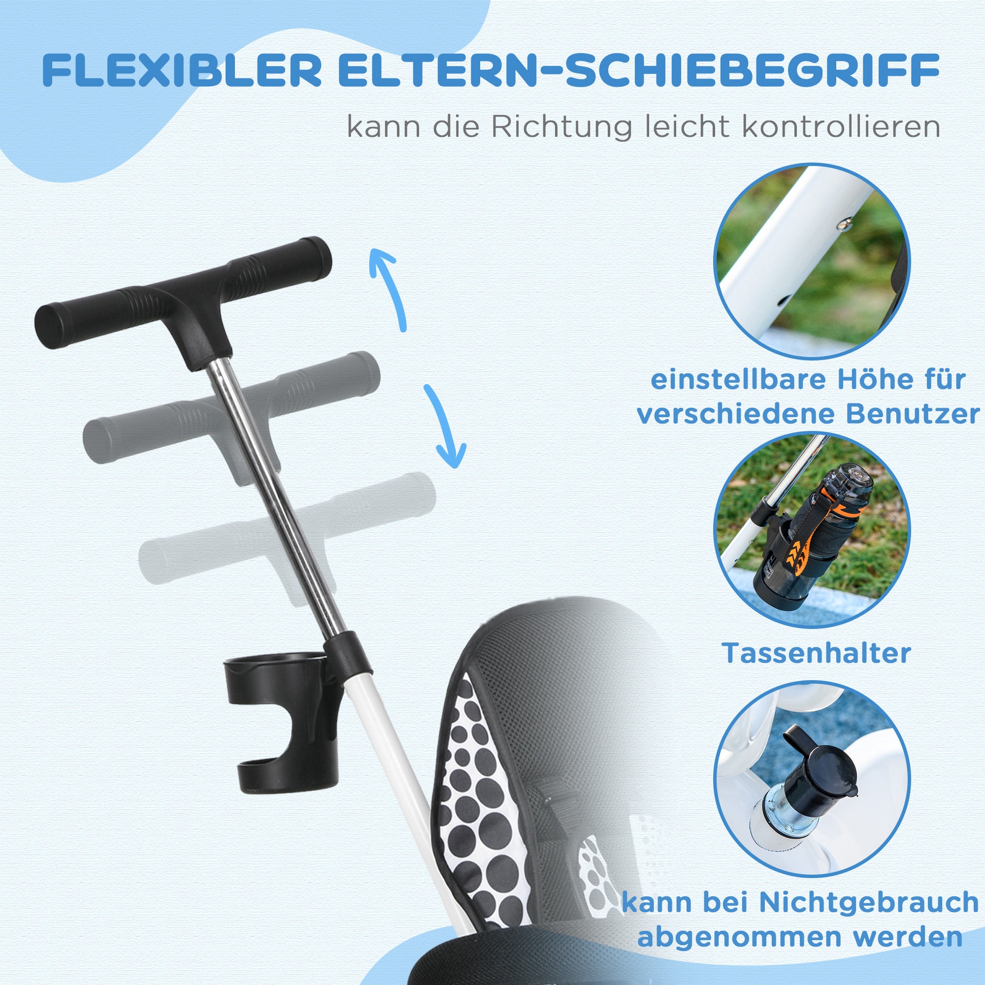 HOMCOM 6-in-1 Kinderdreirad mit Schiebestange, Dach, Gurt, Ablagekorb, für 1-5 Jahre, Weiß