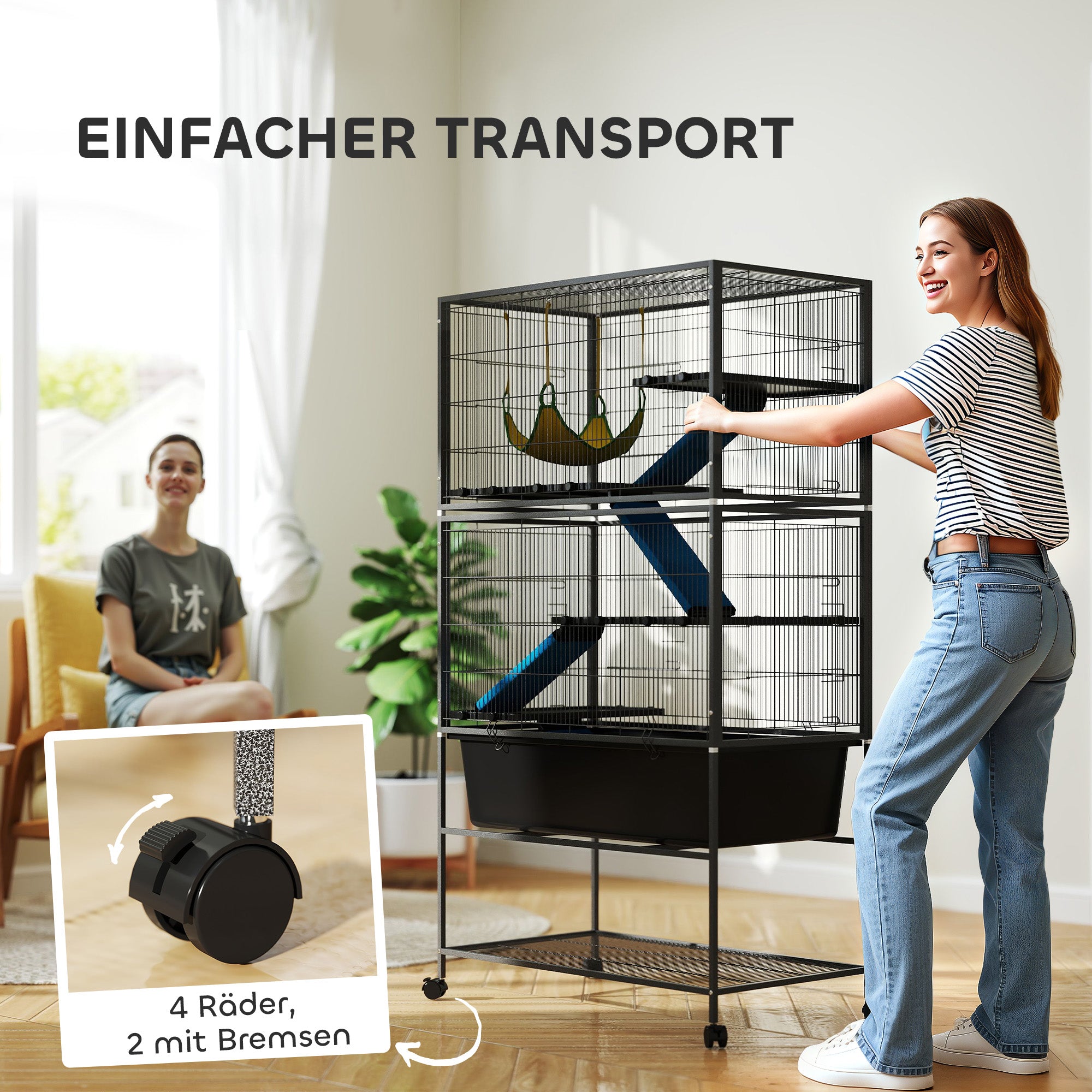 PawHut Kleintierkäfig, Haustierkäfig mit 5 Ebenen, Rutschfeste Rampen, Hängematte, 88 x 48 x 150,5 cm, Dunkelgrau