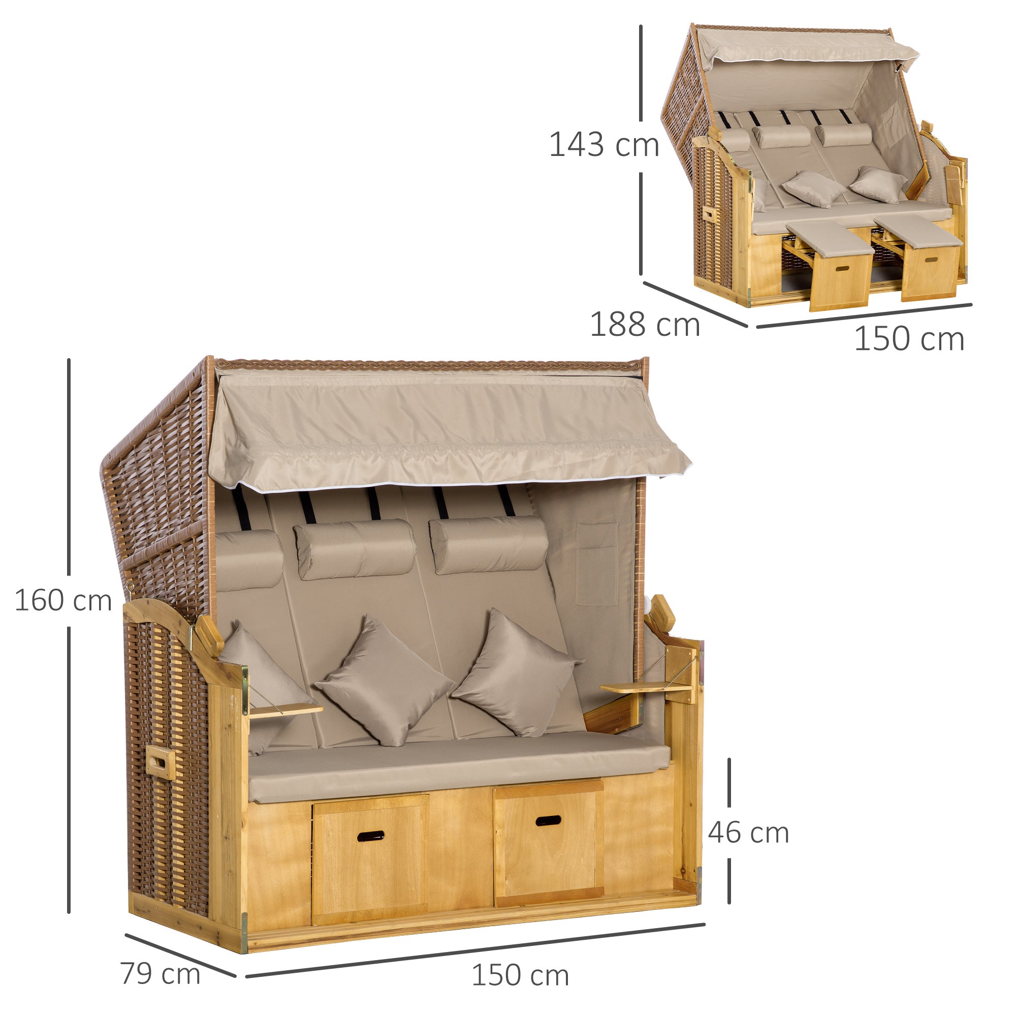 Outsunny Strandkorb 3-Sitzer Sonnenliege mit Dach 2 Klapptischen Fußstütze Chaiselongue 5-stufige Rückenlehne XXL Polyrattan Natur 150 x 79 x 160 cm