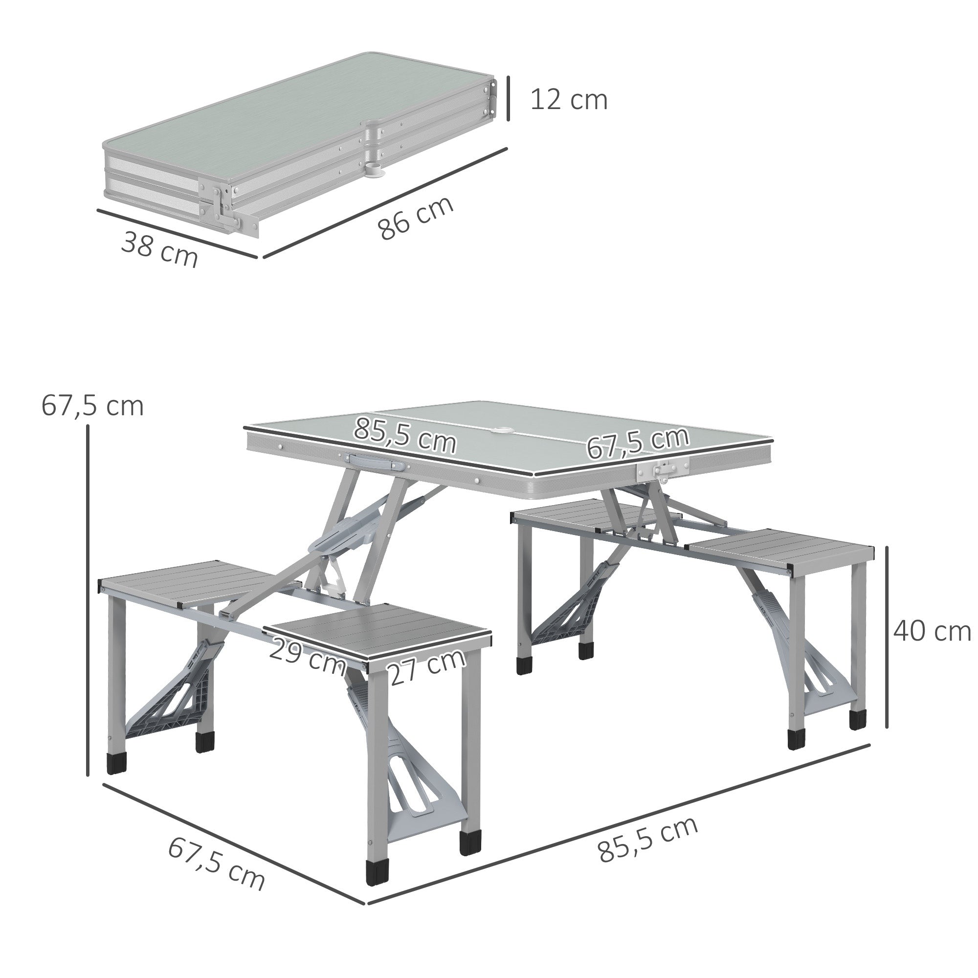 Outsunny Campingtisch Klapptisch mit 4 Stühle Klappbarer Gartentisch aus Aluminium 85,5 x 135cm Grau
