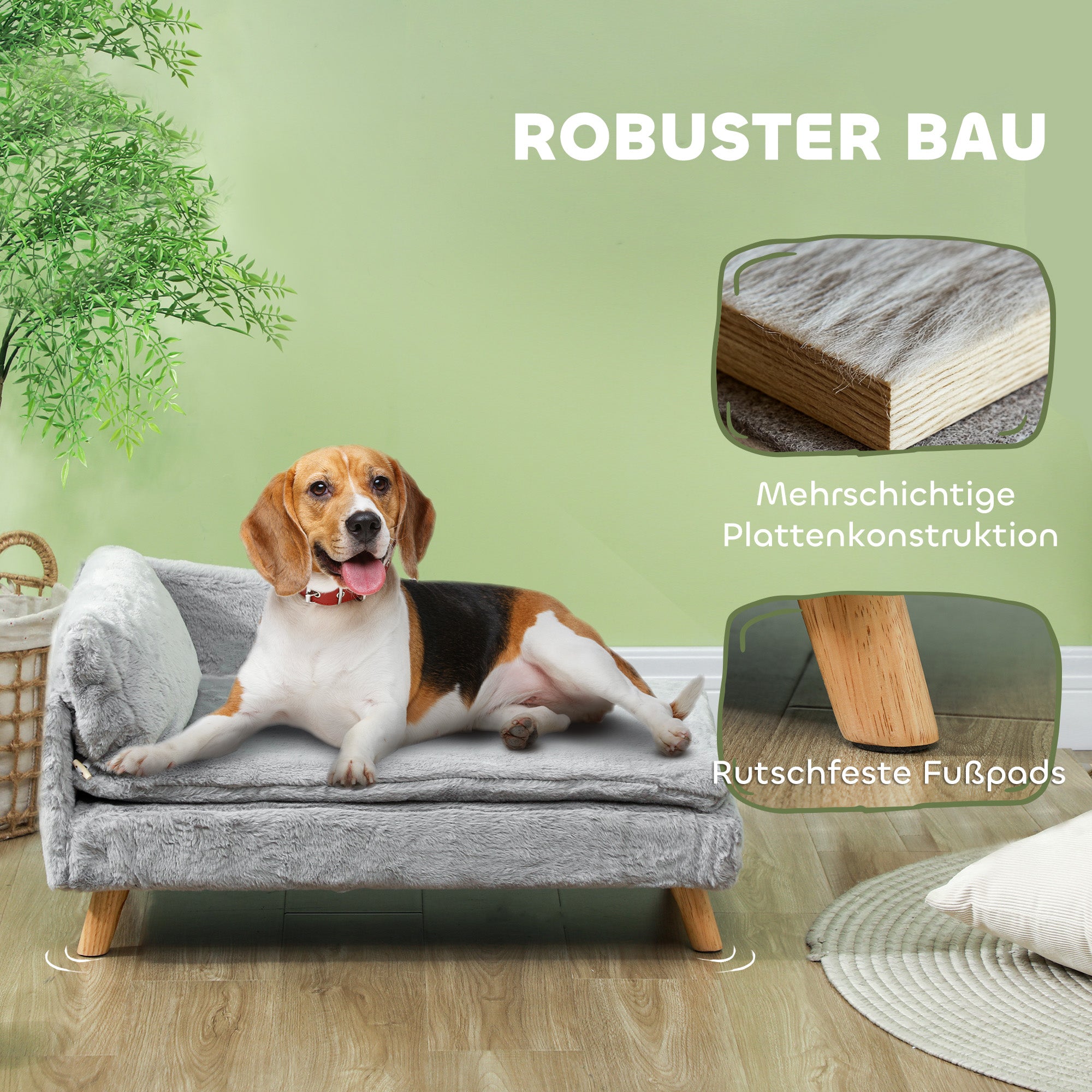 PawHut Hundebett, Hundesofa, waschbarer Plüschbezug, bis 20 kg, 80 x 50 x 40 cm, Hellgrau
