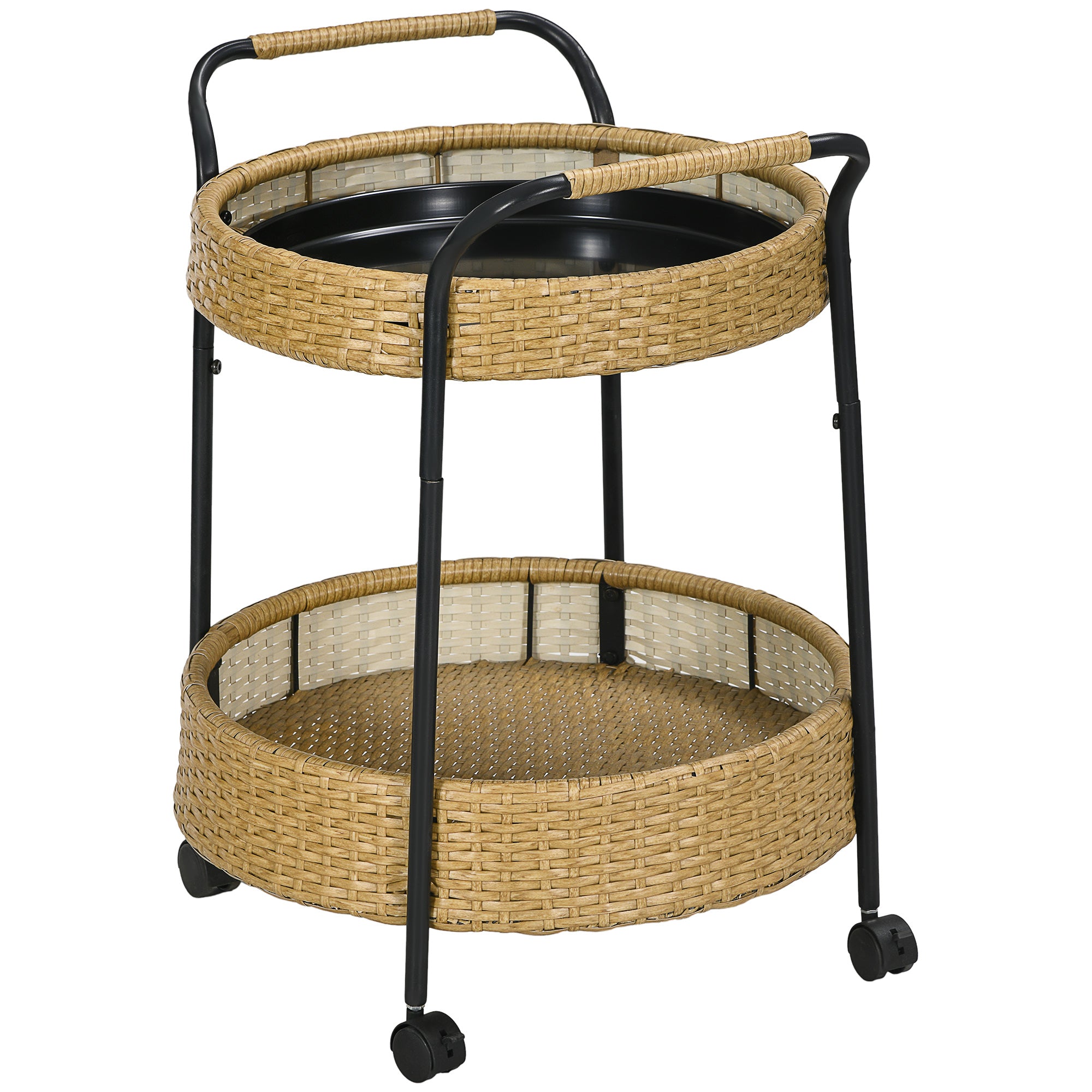 Outsunny Outdoor Servierwagen, 2 Etagen, Bremsen, Polyrattan, Metallrahmen, Φ50 x 66H cm, Gelb