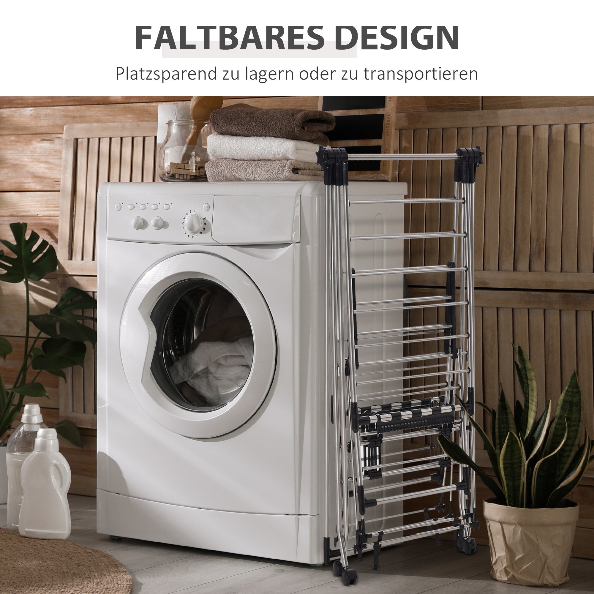 HOMCOM Wäscheständer 1,385 m Trockenlänge tragbar Standtrockner mit Teleskopstangen, Rollen und Bremsen Wäschetrockner Flügelwäscheständer für Innen und Außen, Silber+Schwarz