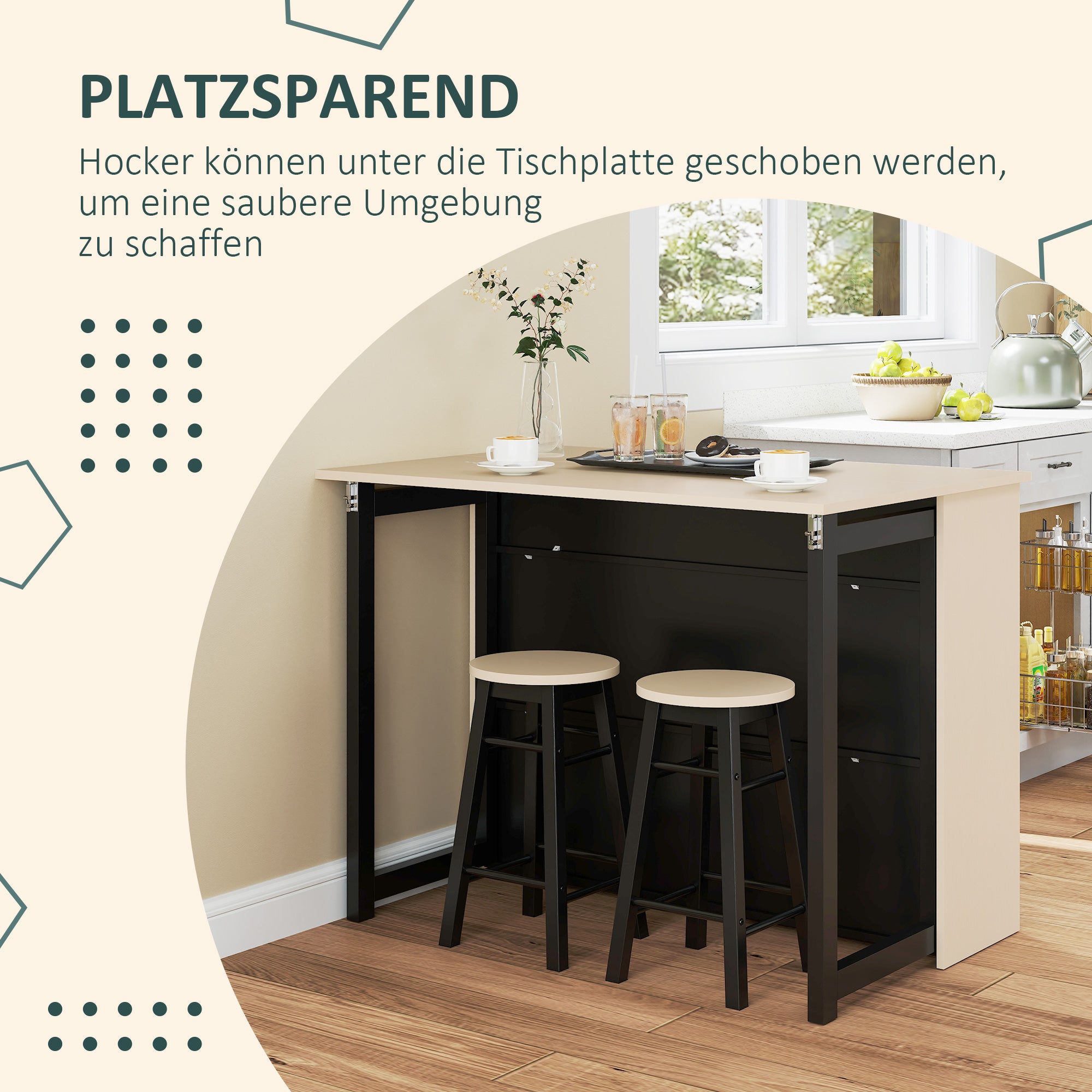 HOMCOM 3-tlg. Barset, Bartisch mit klappbarer Tischplatte, 2 Barhocker, 6 Staufächer, schwarz+Eiche, 116 x 70 x 89,5 cm