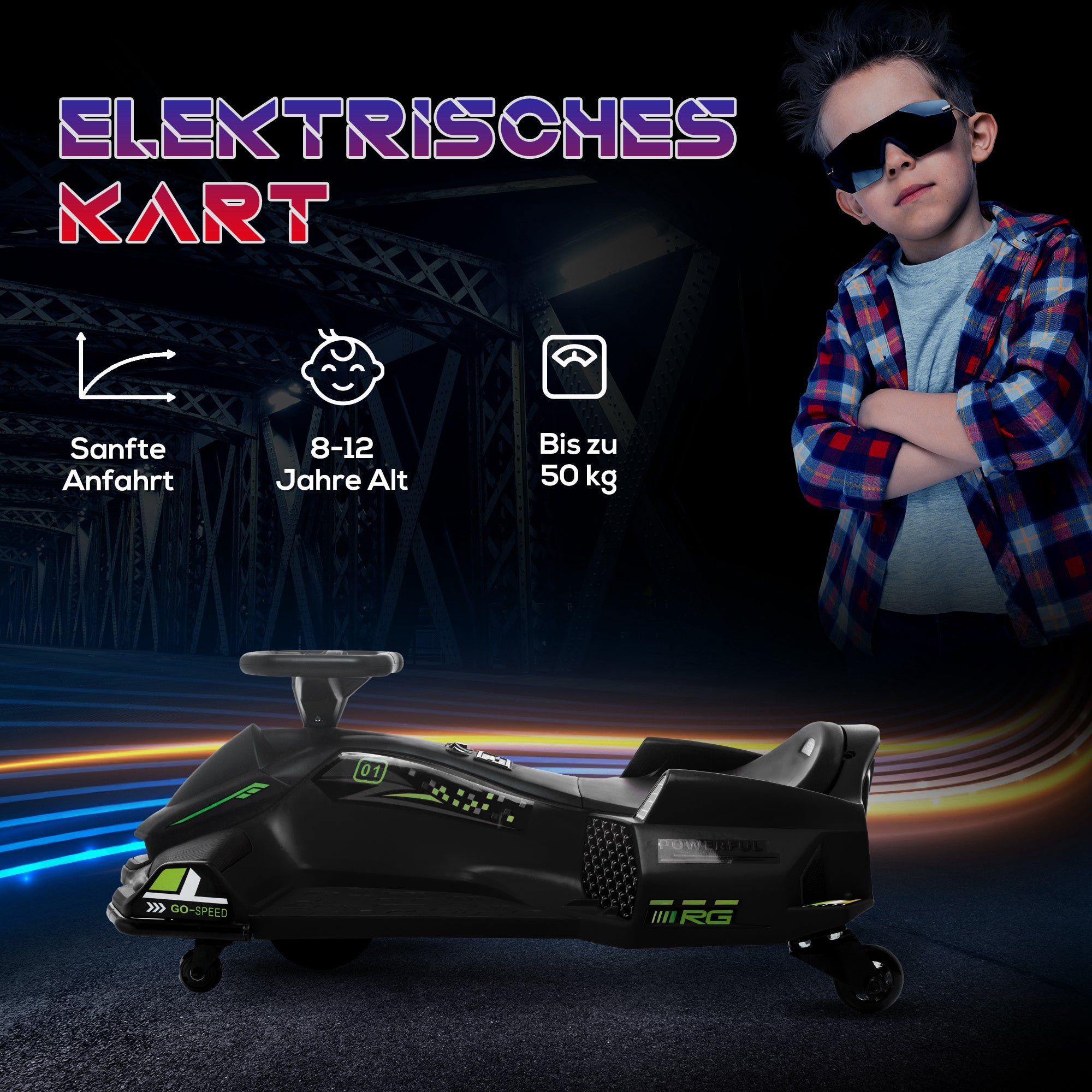 HOMCOM Elektrisches Go-Kart für Kinder, Gummiräder, 3-8 km/h, mit Lichtern und Musikfunktion, Schwarz