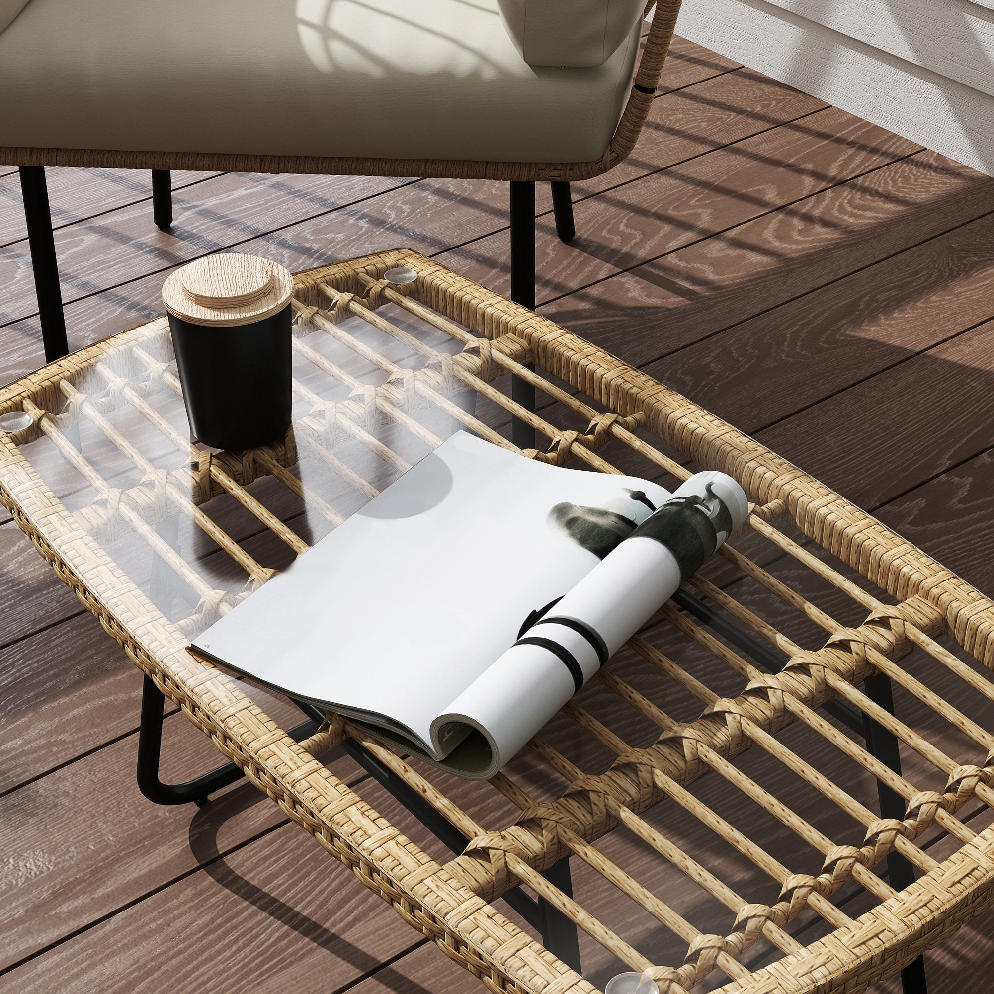 Outsunny Polyrattan Gartentisch, 90 x 50 x 45 cm, UV-beständig Beistelltisch mit Glasplatte Naturholz
