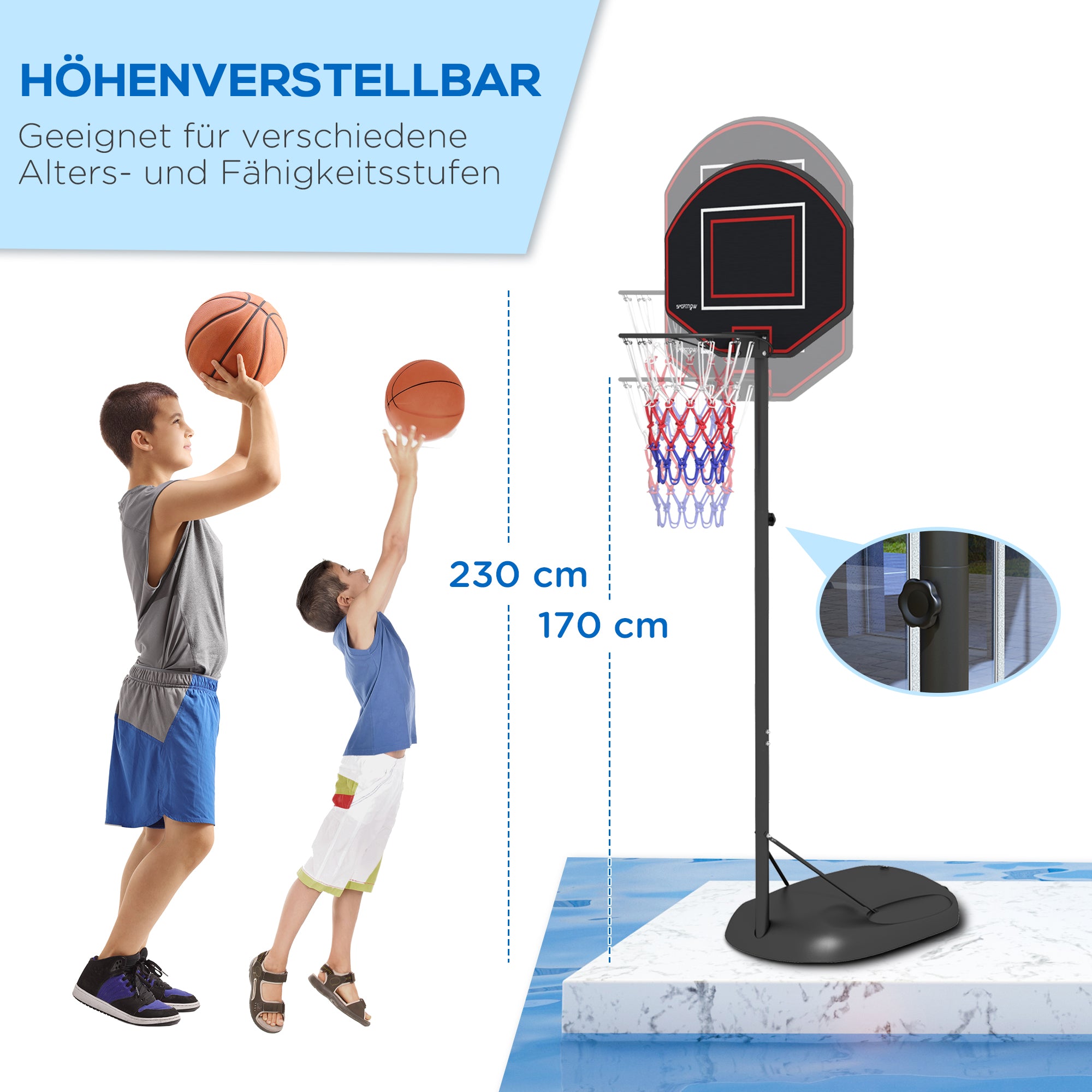 SPORTNOW Basketballständer, höhenverstellbar, robust, 1,7-2,3 m Korbhöhe, Stahlrahmen, Schwarz