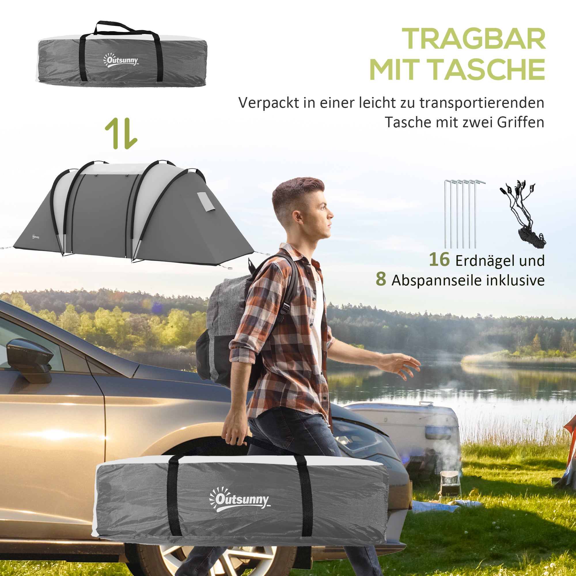 Outsunny Campingzelt für 4-5 Personen leicht wasserabweisend Familienzelt mit 3 Zimmer Seitentür Fenster Grau