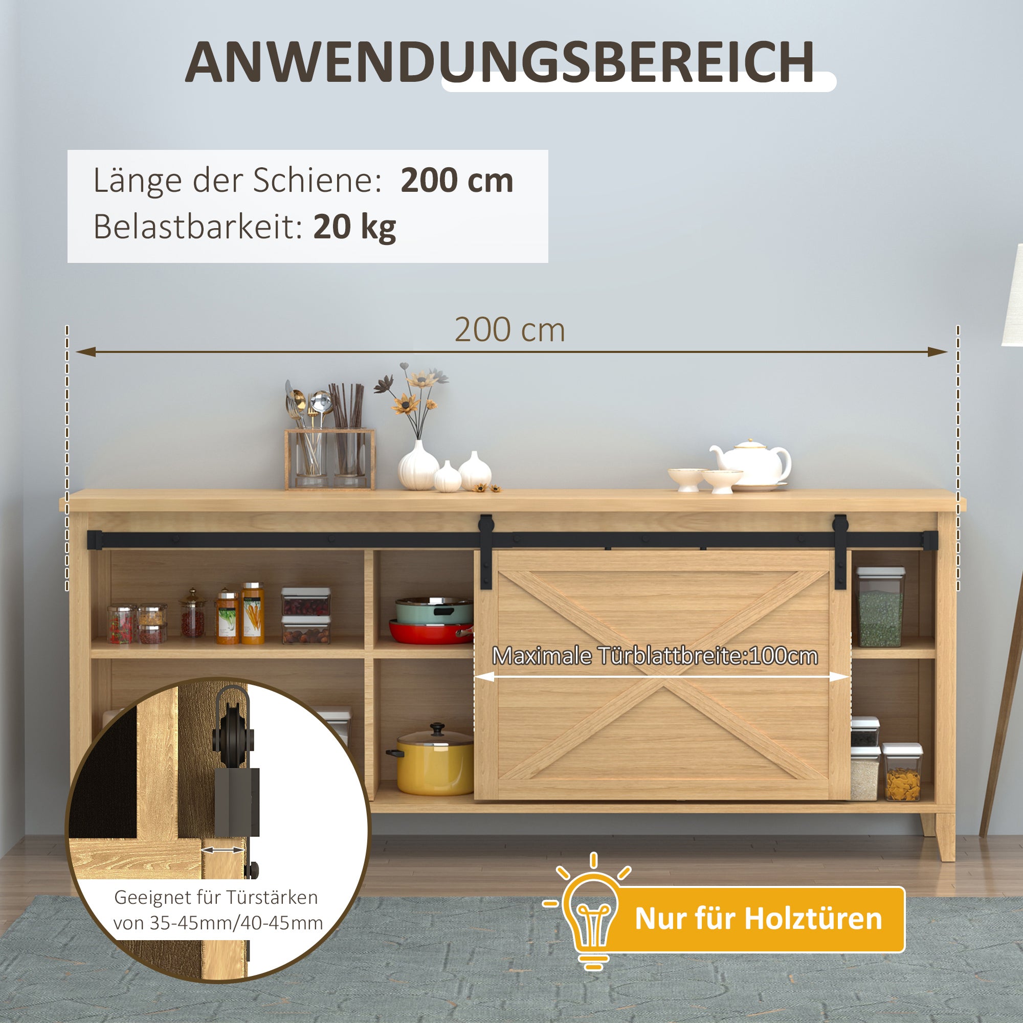 HOMCOM 200 cm Schiebetür Komplettset Schiebetürbeschlag mit Bodenführung, Schiebetür Laufschiene, Laufrollen Schiebetürsystem für Einzelholzschiebetür