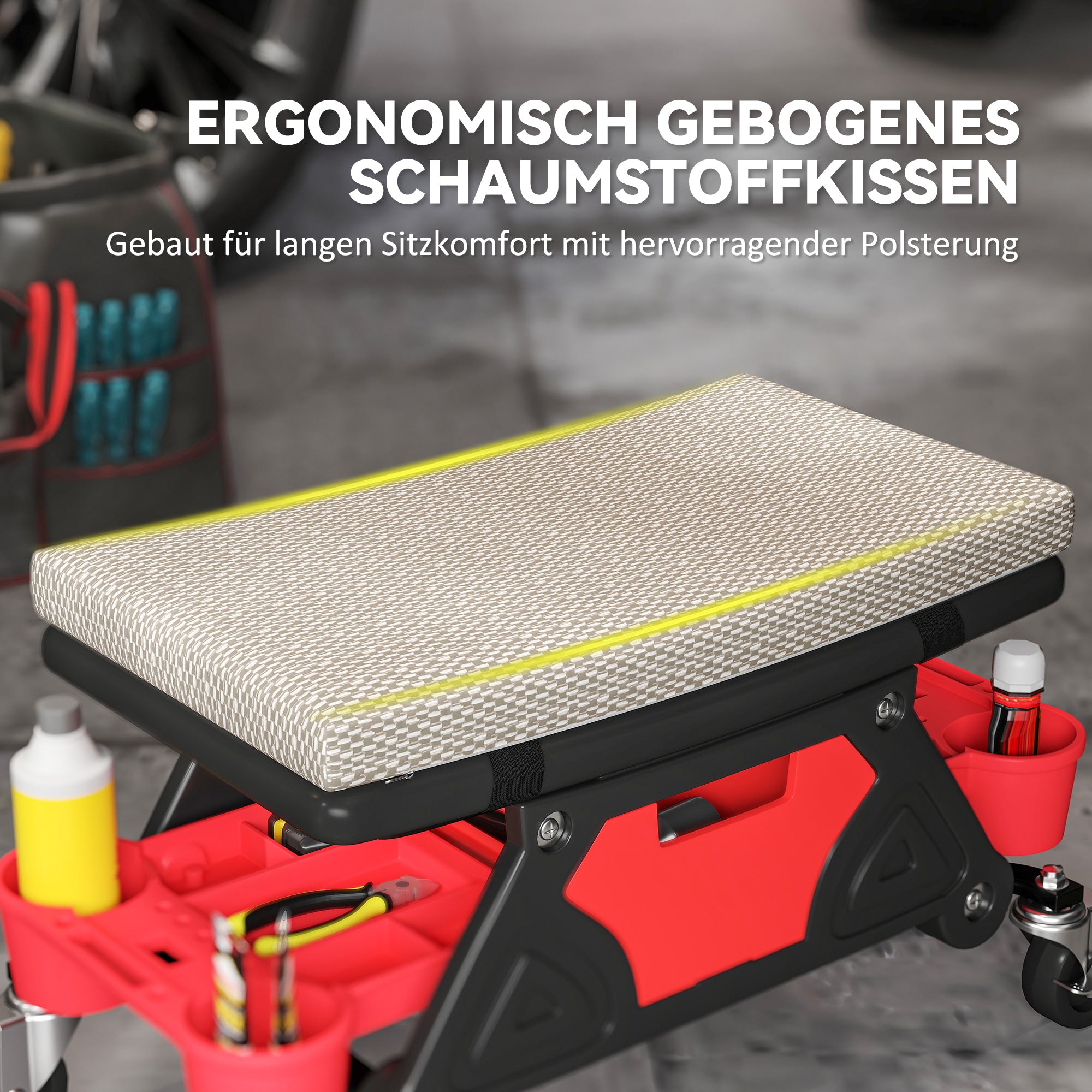 HOMCOM Werkstatthocker mit Rollen Ablagefläche 35cm hoch Rollhocker bis 135 kg belastbar Grau