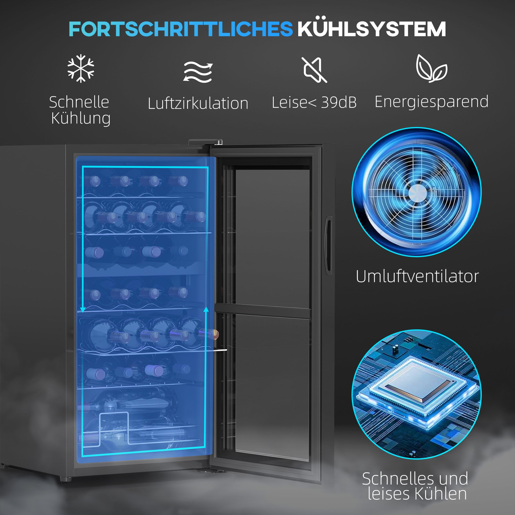 HOMCOM Kleiner Weinkühlschrank, Mini-Kühlschrank für 28 Flaschen, 74 Liter Kapazität, Glastür, LED-Beleuchtung, Touch-Screen
