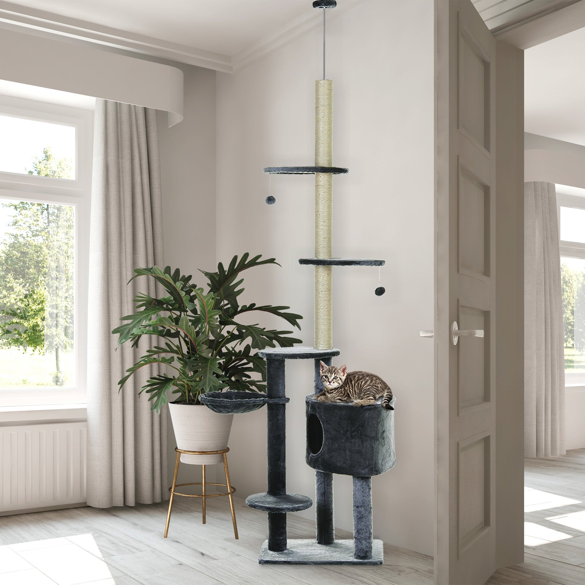 PawHut Kratzbaum deckenhoch Höhe 220-265 cm Katzenbaum mit Spielbälle, Katzenhöhle, Hängematte, Sisalstämme, Plattformen mehrstöckiger Katzenkratzbaum Kletterbaum für mittelgroße Katzen, Dunkelgrau