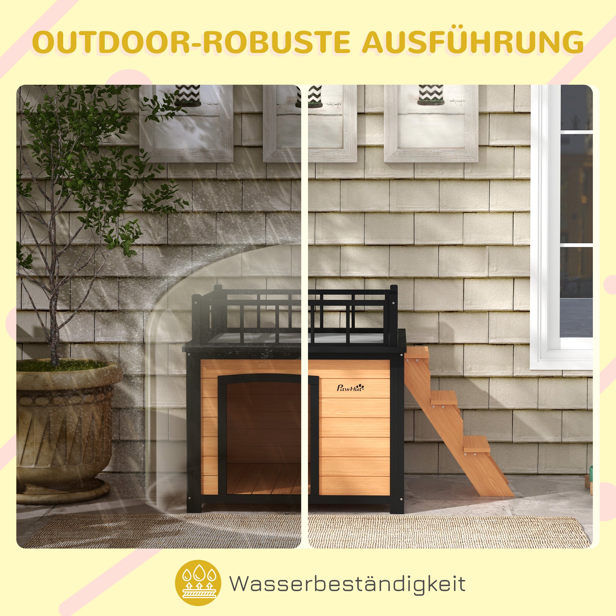 PawHut Hundehütte mit Dachterrasse, wetterfest, Holz, 121x77x78cm, Schwarz/Gelb