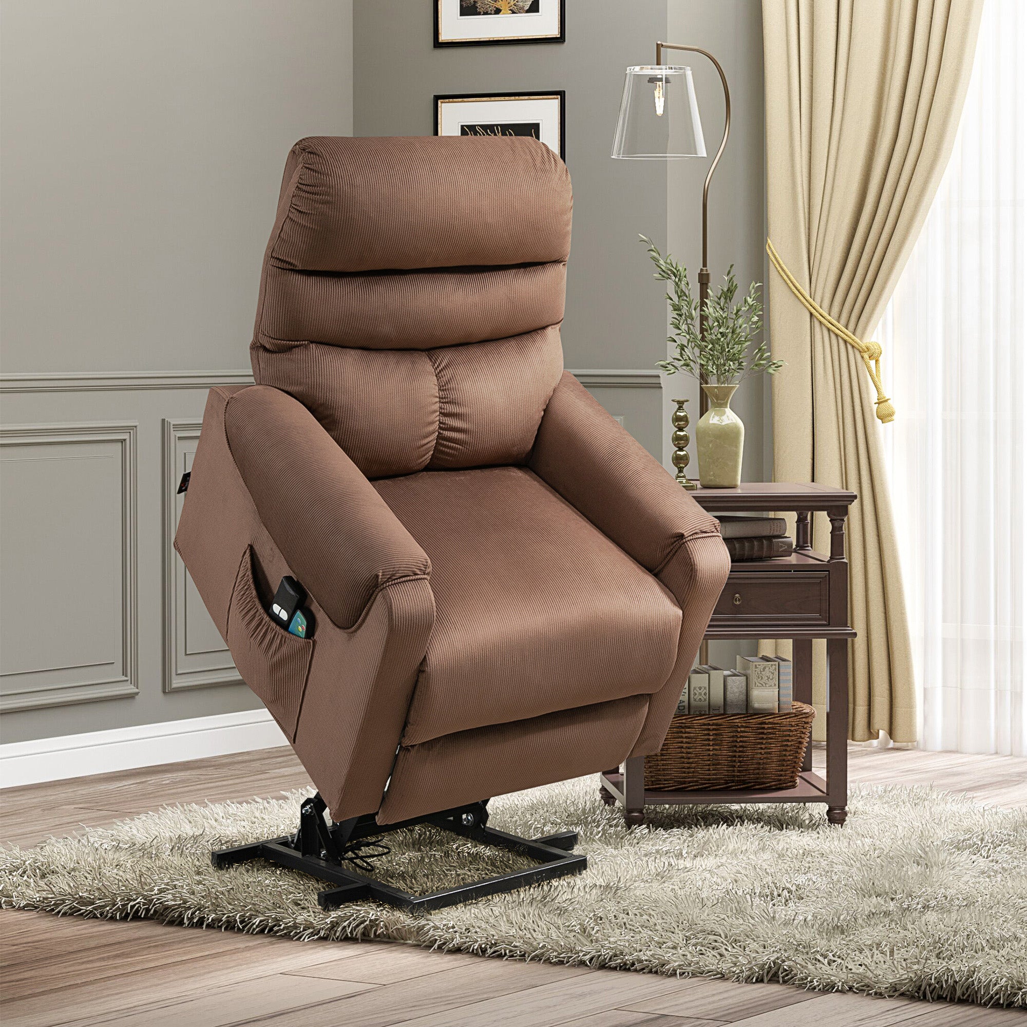 HOMCOM Fernsehsessel mit Aufstehhilfe Elektrisch, Massagesessel mit Liegefunktion und Wärmefunktion, Relaxsessel mit Fernbedienung und Seitentasche Verstellbar Polyester-Gewebe Braun