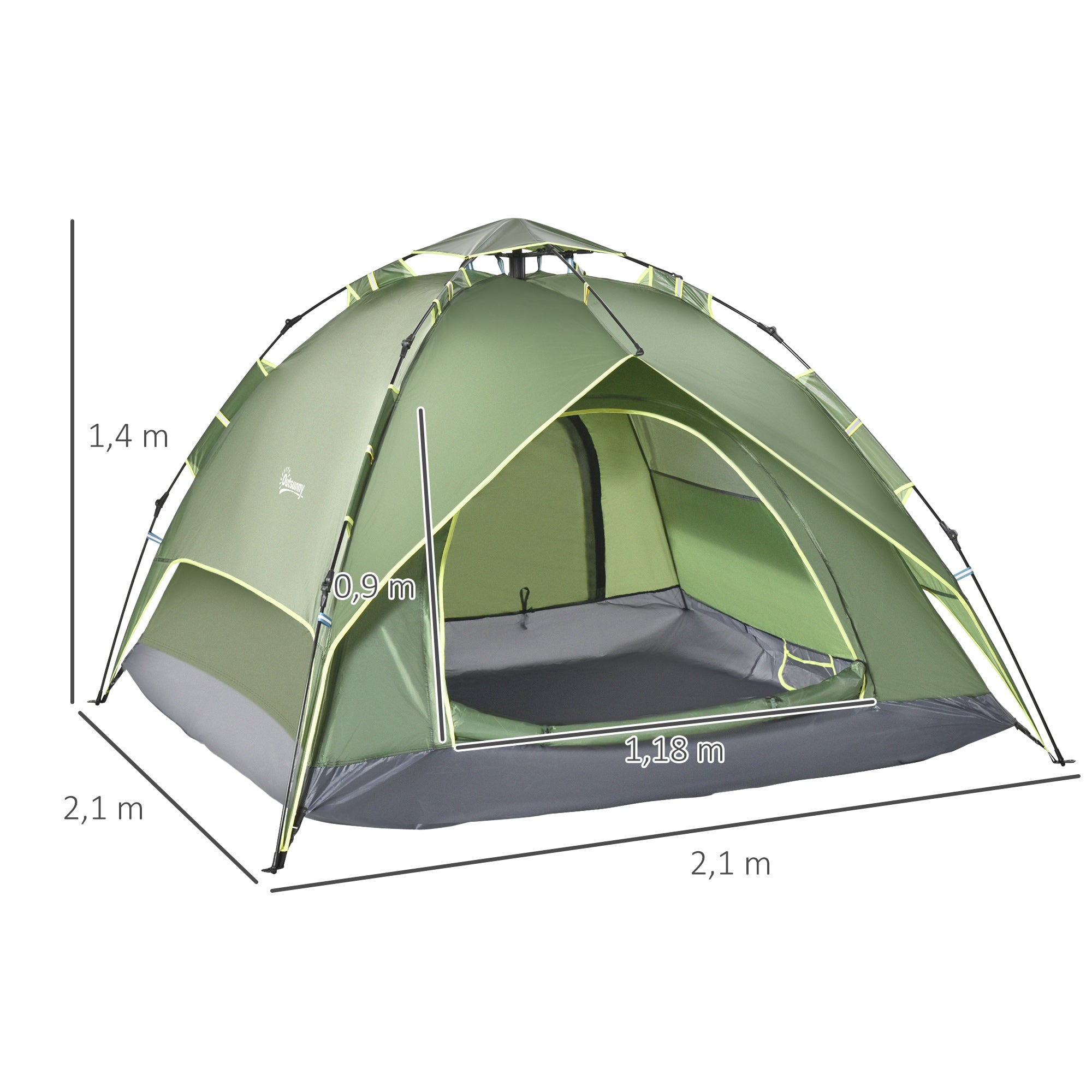 Outsunny Doppelzelt Campingzelt Outdoorzelt Familienzelt Quick-Up-Zelt 2 Erwachsene + 1 Kind 4 Jahreszeiten wasserdicht Tragetasche 2 Türen Polyester + Glasfaser Dunkelgrün 210 x 210 x 140 cm