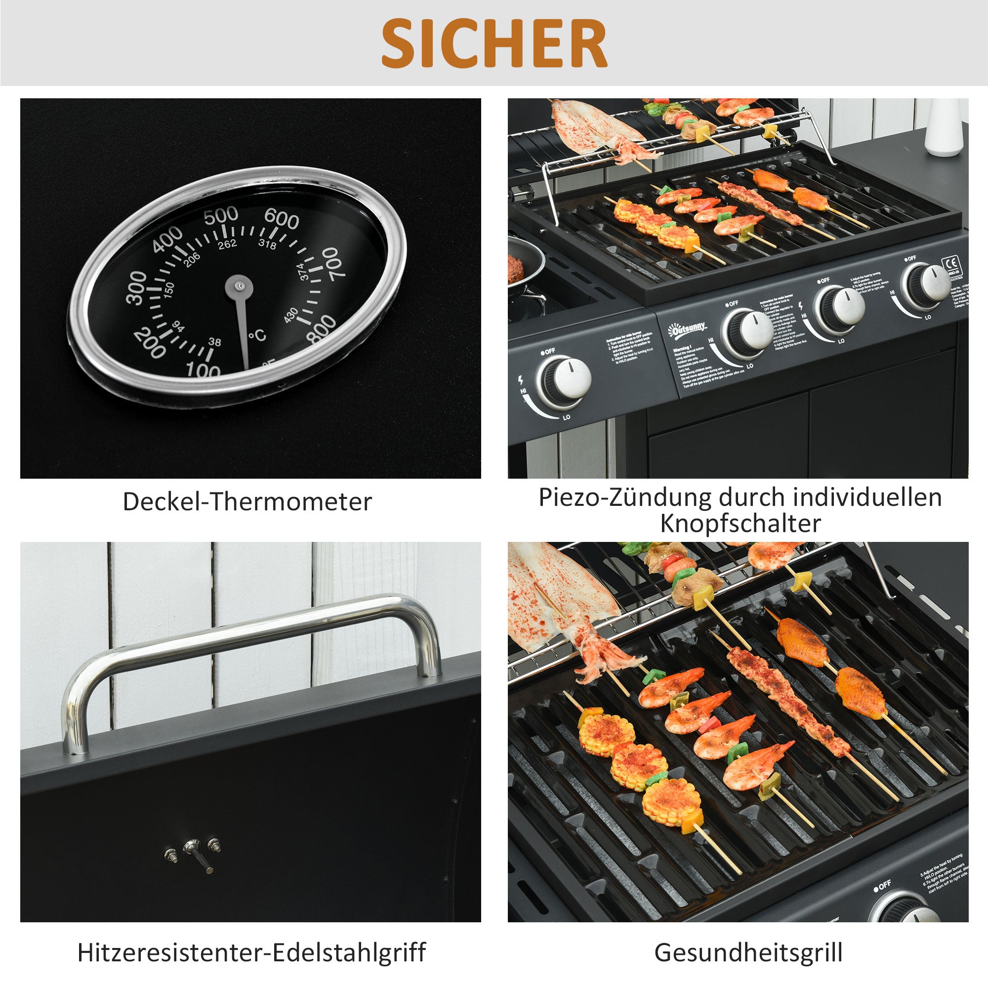 Outsunny Gasgrill mit 3 Hauptbrennern + 1 Seitenbrenner, Ablage, rostfreier Stahl, schwarz, 110 x 50 x 100 cm