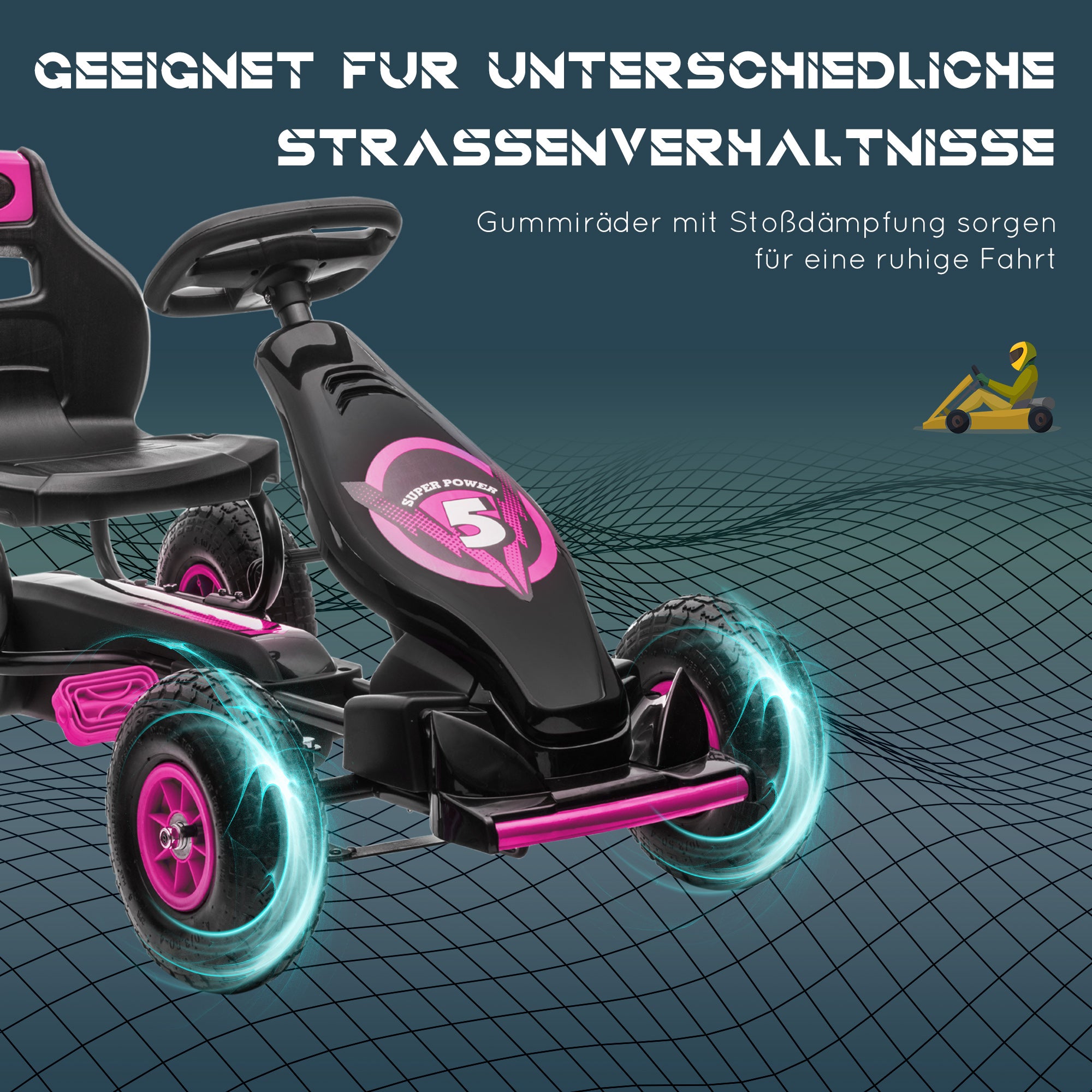 HOMCOM Kinder-Gokart, mit Pedalen, verstellbarem Sitz, In- und Outdoor, ab 5 Jahren, Rosa+Schwarz, 121 x 58 x 61 cm