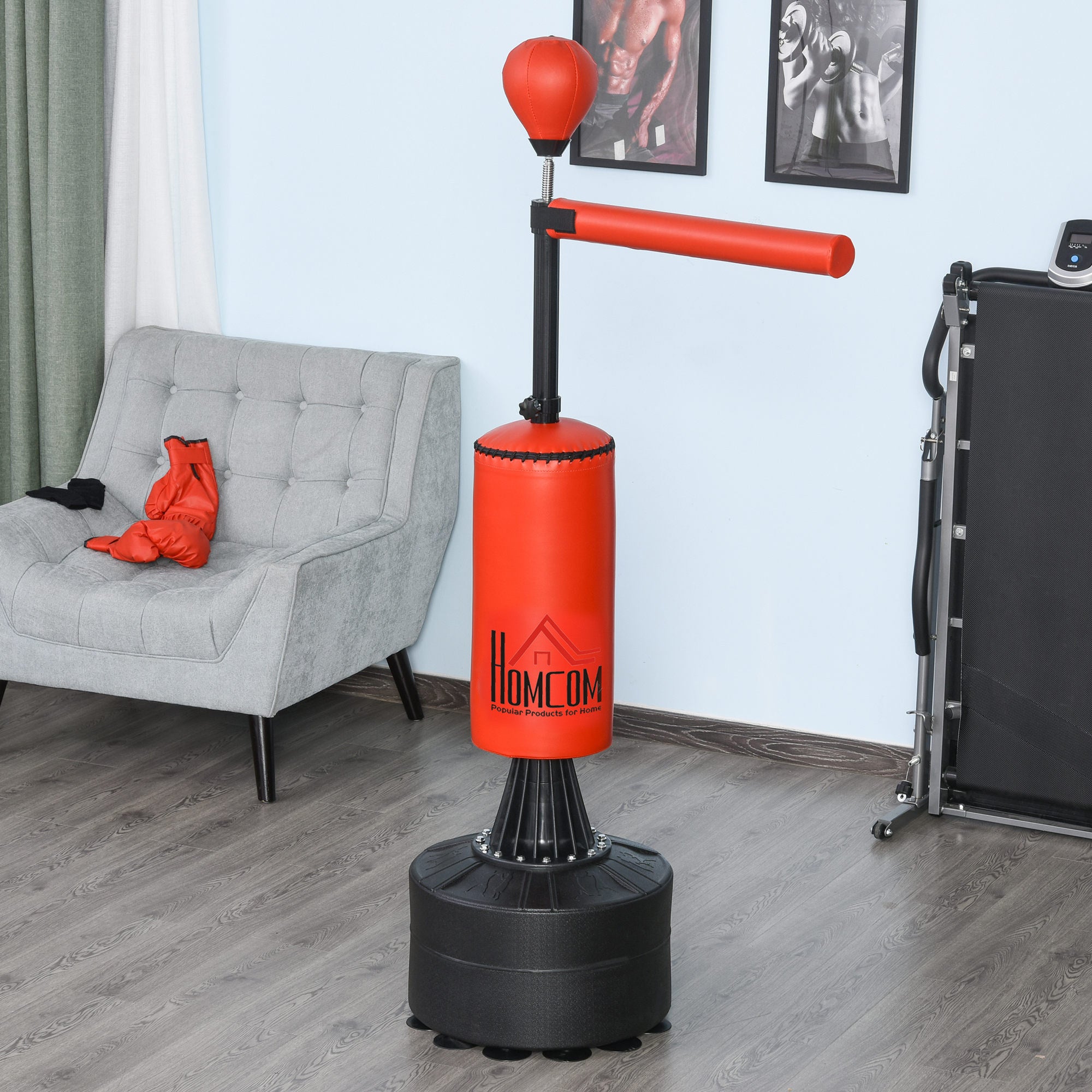HOMCOM Standboxsack Boxtrainingsgerät mit Reflexball, 360°-Drehstange, Saugfuß, Sand/Wasser befüllbar, Stehend Boxassistent mit Handschuhe, Luftpumpe Training Boxsack 88 x 48 x 155-205 cm