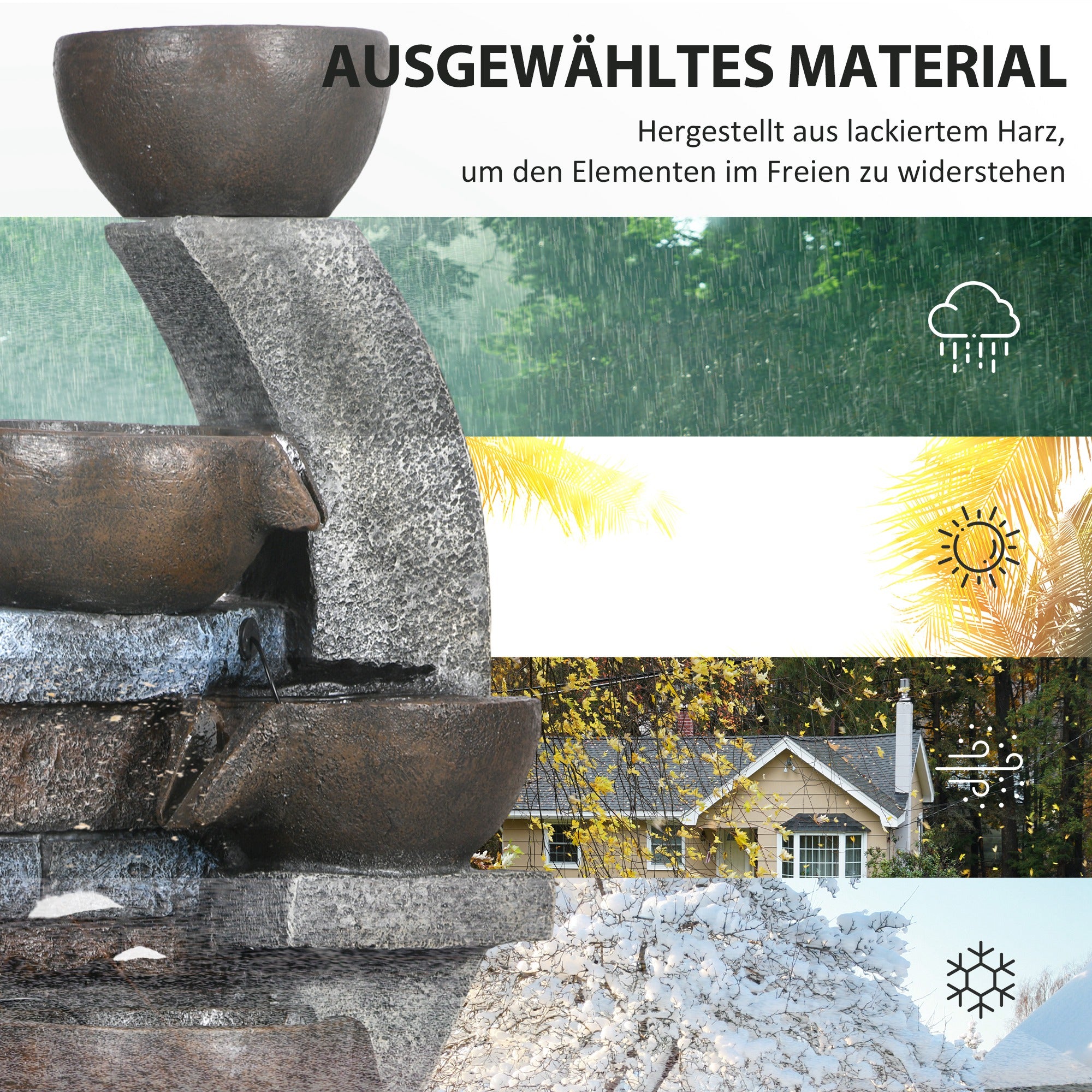 Outsunny Gartenbrunnen, Backsteinoptik, 5-stufig, Solarbetrieb, LEDs, 107cm, Kunstharz, Grau/Braun