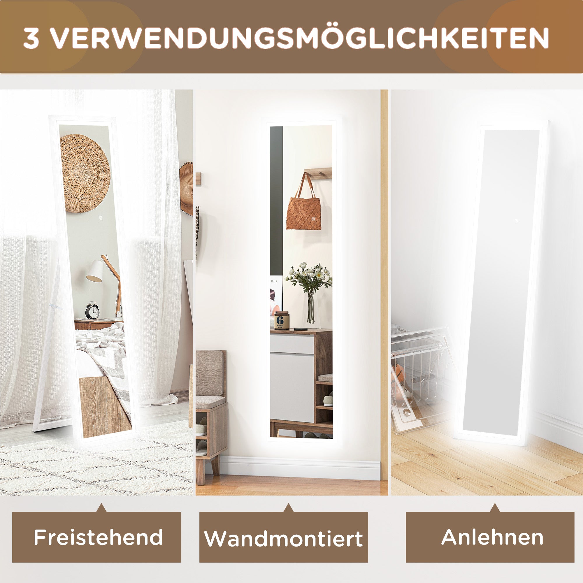 HOMCOM Ganzkörperspiegel, 40x160 cm, LED-Beleuchtung, Touch-Steuerung, dimmbar, 3 Farben, Weiß