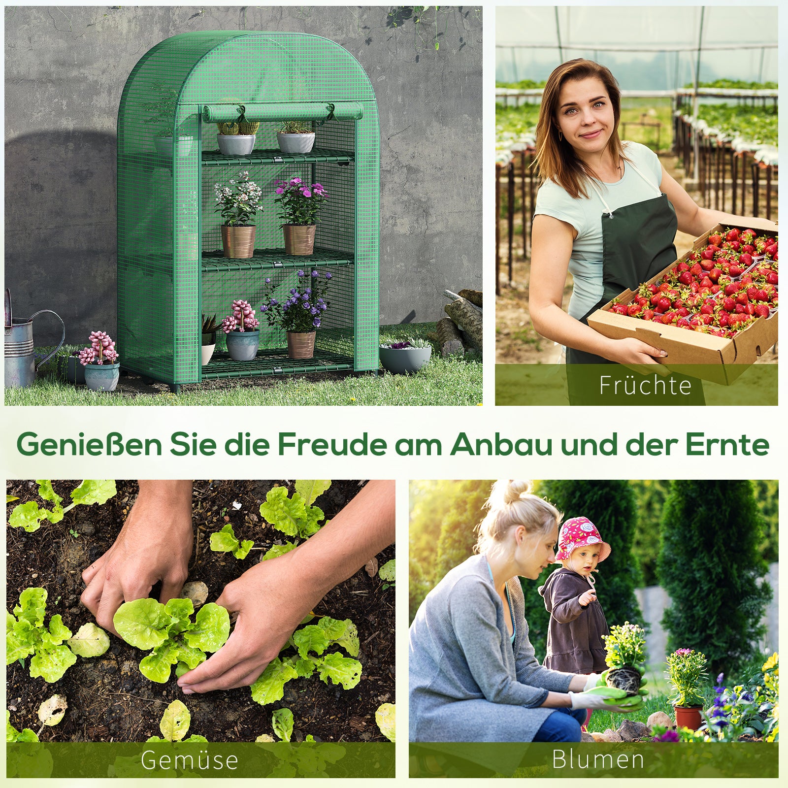 Outsunny Foliengewächshaus Balkon mit 3 Ablagen Mini Gewächshaus Treibhaus Tomatenhaus Pflanzenhaus Frühbeet Metall Grün 80 x 49 x 120 cm