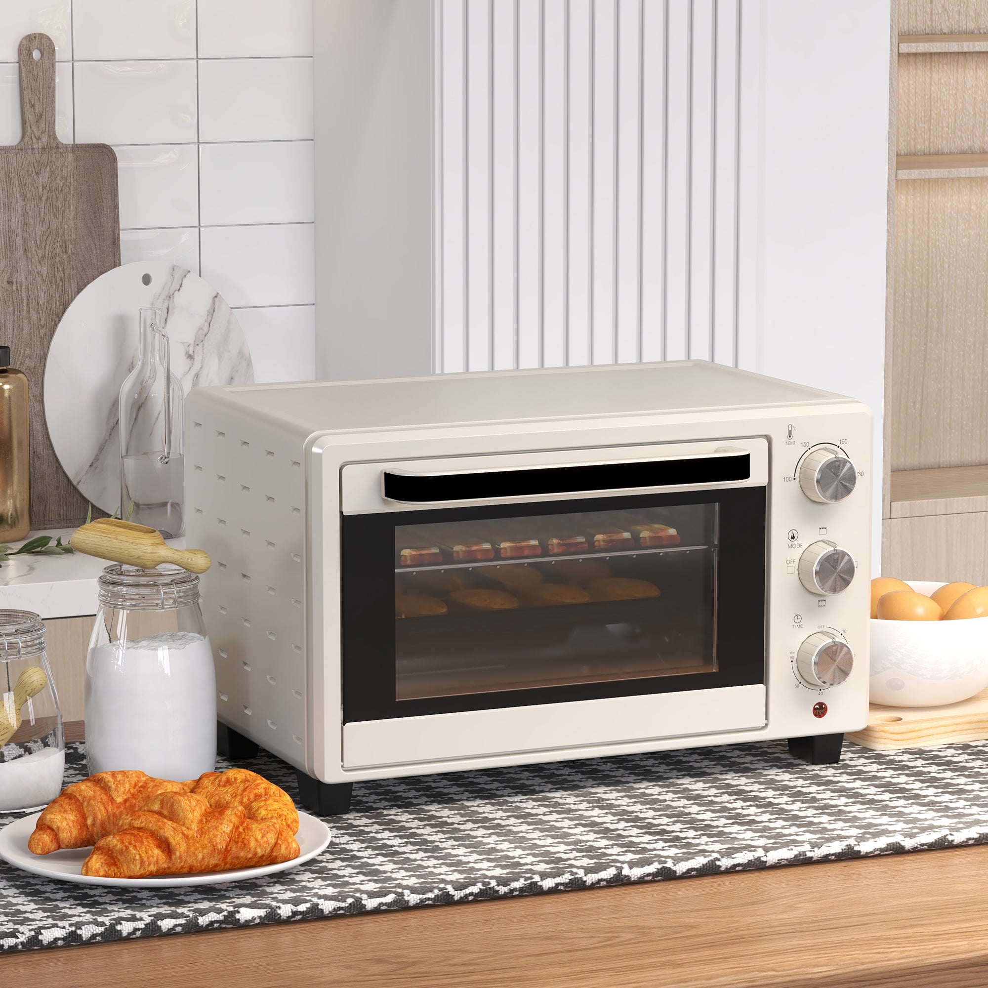 HOMCOM Minibackofen, Backofen kleine 21 L Toasterofen mit 1 Drahtgestell und 1 Backblech, 3 Kochmodi, 100 °C-230 °C, Edelstahl, Glas, Cremeweiß
