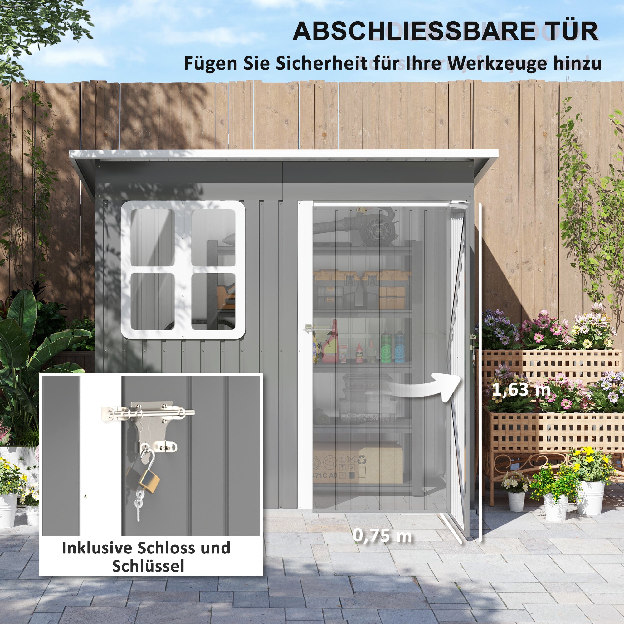 Outsunny Gartenschuppen, Gartenhaus mit Fenster, verschließbare Tür, für Garten, Terrasse, Stahl, 221L x 133B x 190H cm, Grau