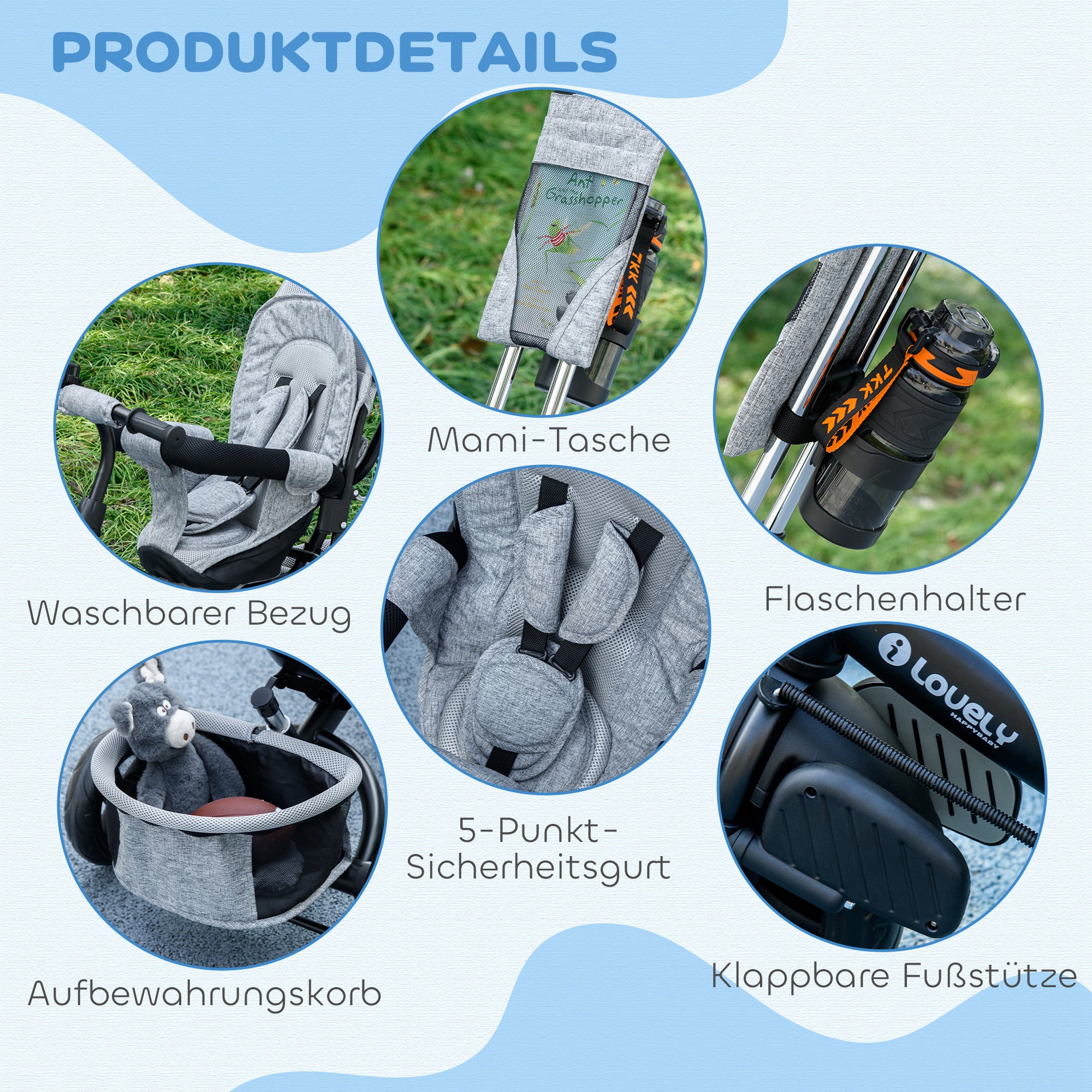 HOMCOM Kinder-Dreirad, Kinderfahrrad, Rückenkorb, Becherhalter, Sonnendach, Metall, Grau