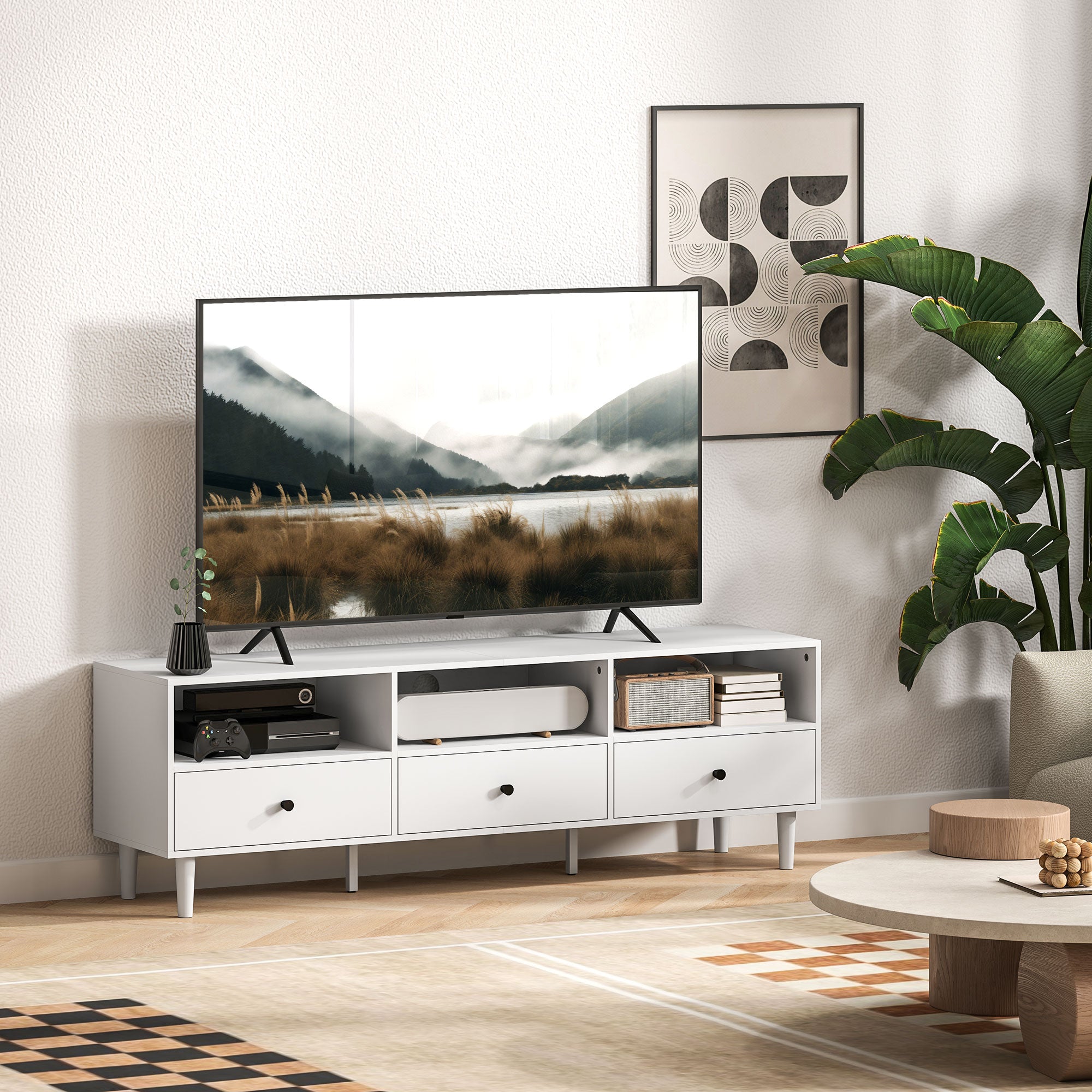HOMCOM TV-Kommode, TV-Ständer für 75-Zoll-Bildschirme, 3 offene Fächer, 3 Schubladen, Spanplatte, Weiß