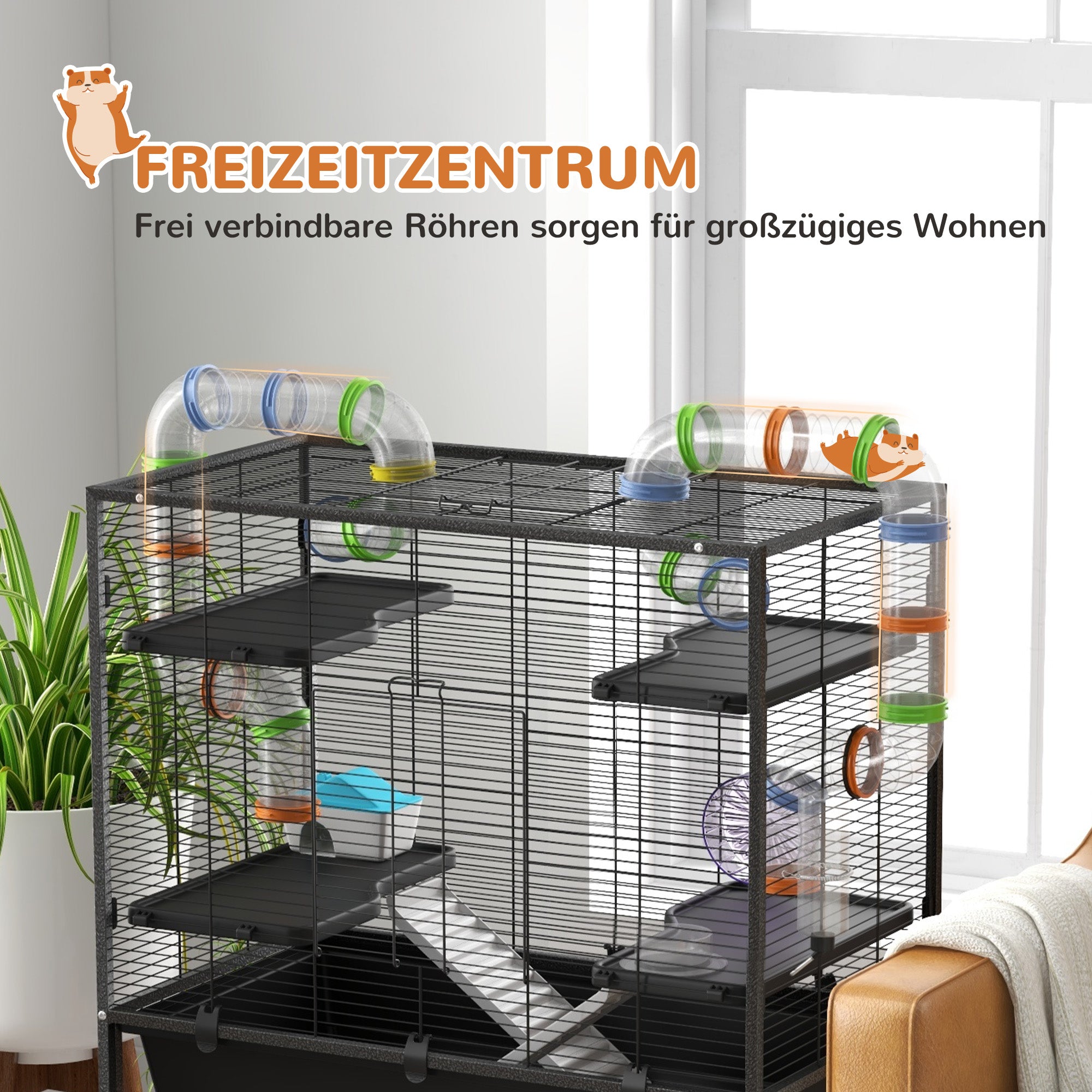 PawHut Hamsterkäfig mit Röhren, Laufrad, Häuschen, Wasserspender, 109 x 82 x 46 cm, Schwarz