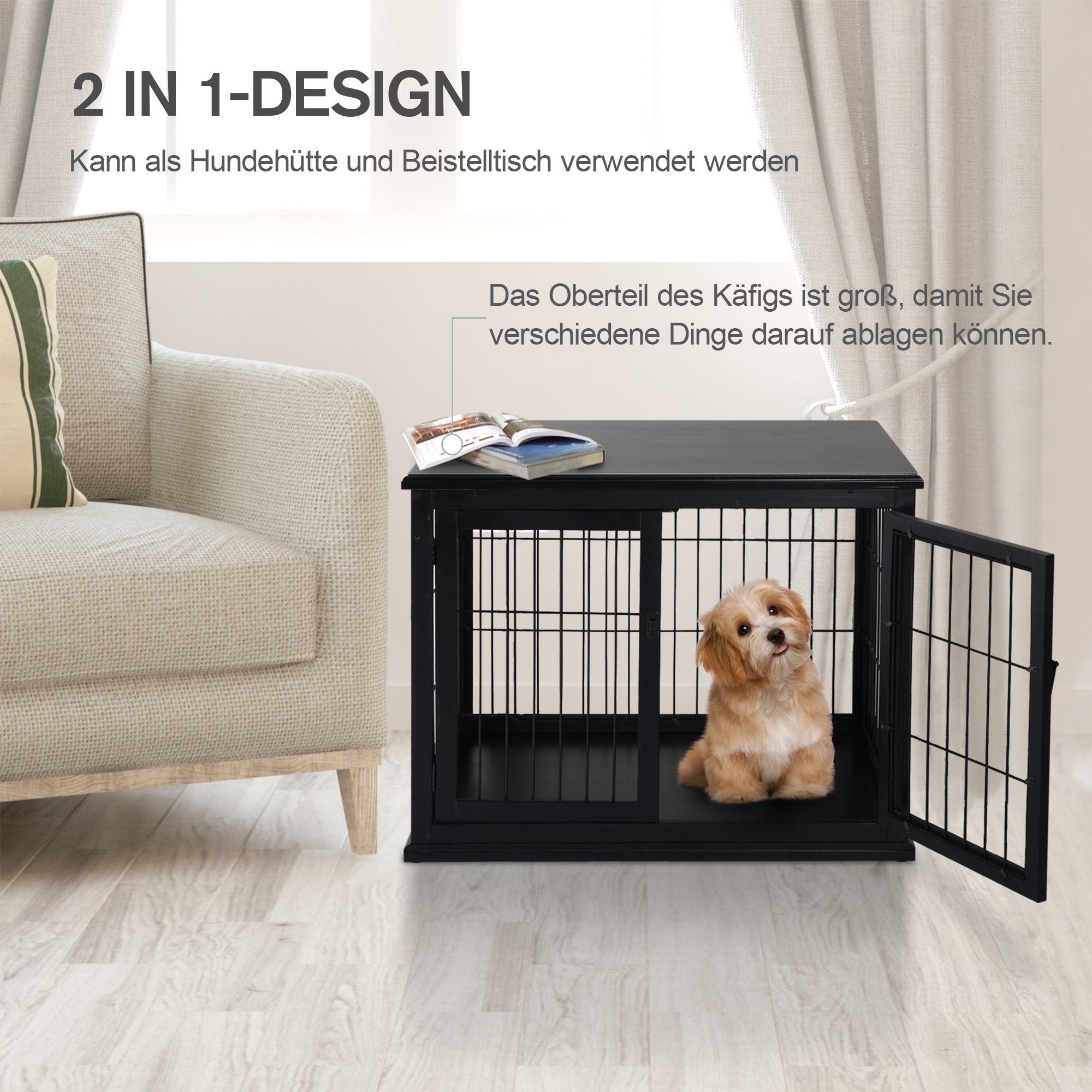 PawHut Transportbox für Hunde 58,5 cm x 81 cm x 66 cm Türen, MDF-Holz Eisen, 58, 5 cm x 81 cm x 66 cm, Schwarz