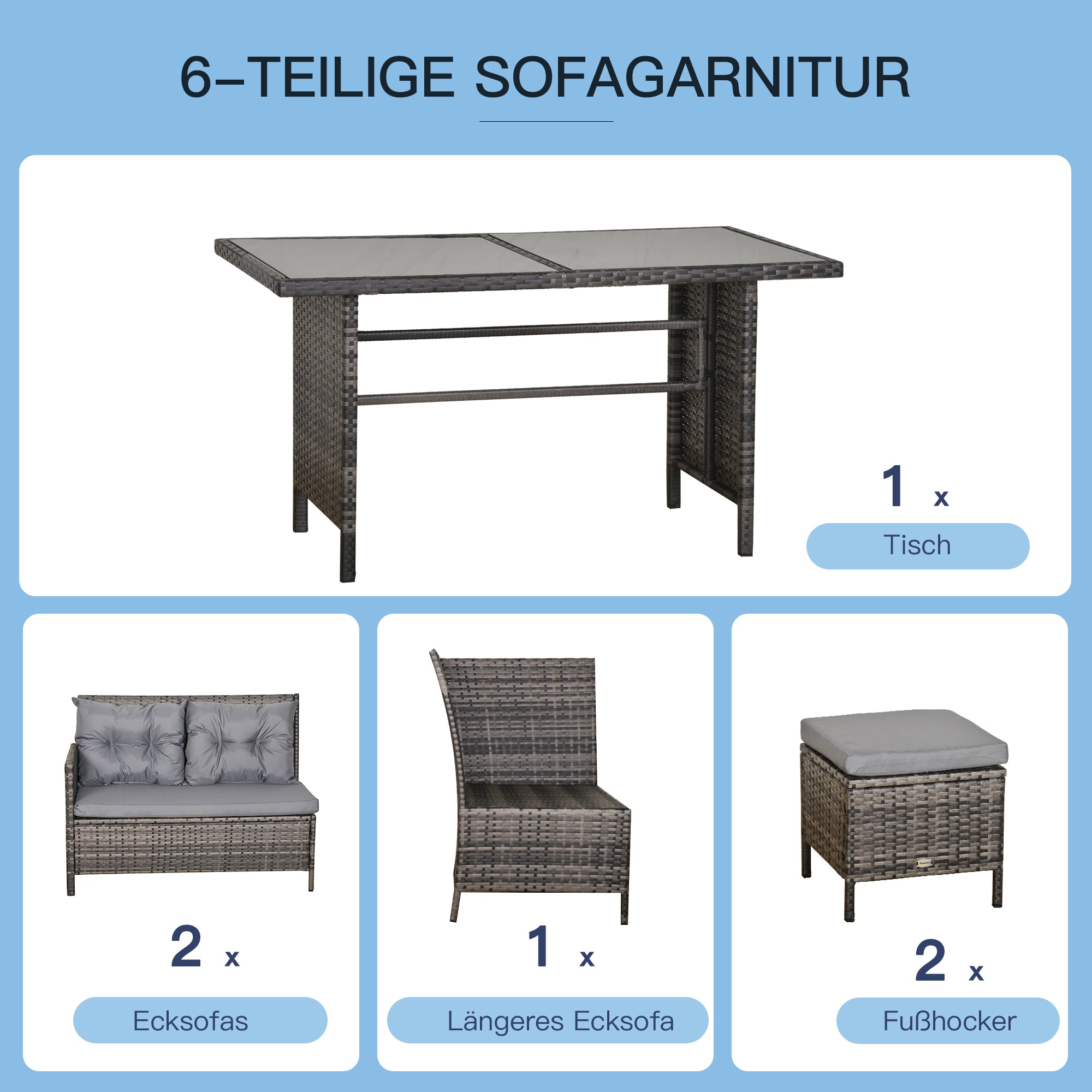 Outsunny Gartenmöbel-Set aus PE-Rattan, für 5 Personen, Rattan-Lounge-Set, abnehmbare Polster, Grau + Braun