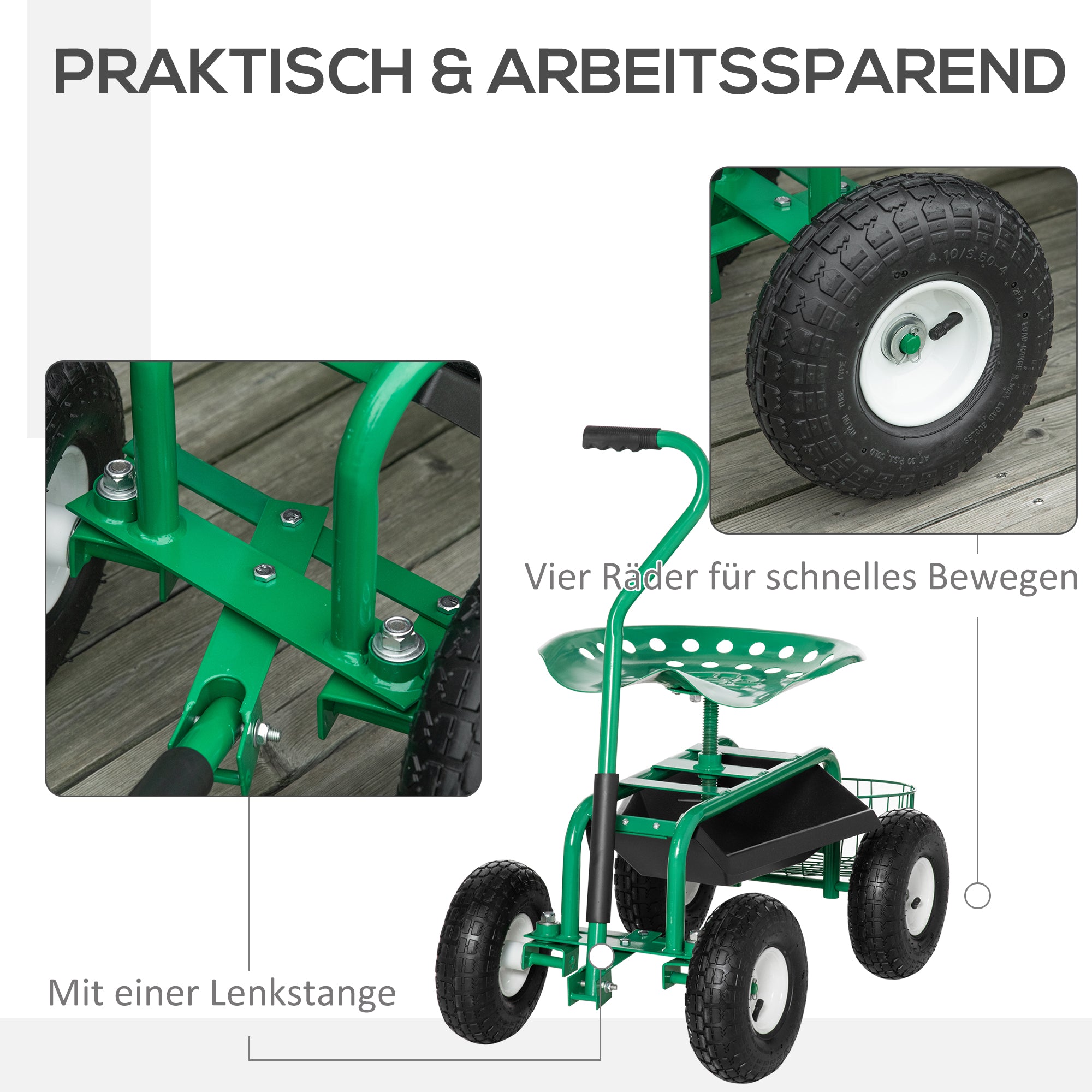 Outsunny Gartenwagen mit Rollsitz bis 150 kg mit Ablage Korb für kleine Gartengeräte Werkstattwagen fahrbar Gartensitz Richtung steuerbar Sitzhöhe 46-59 cm höhenverstellbar Metall Gummi Grün