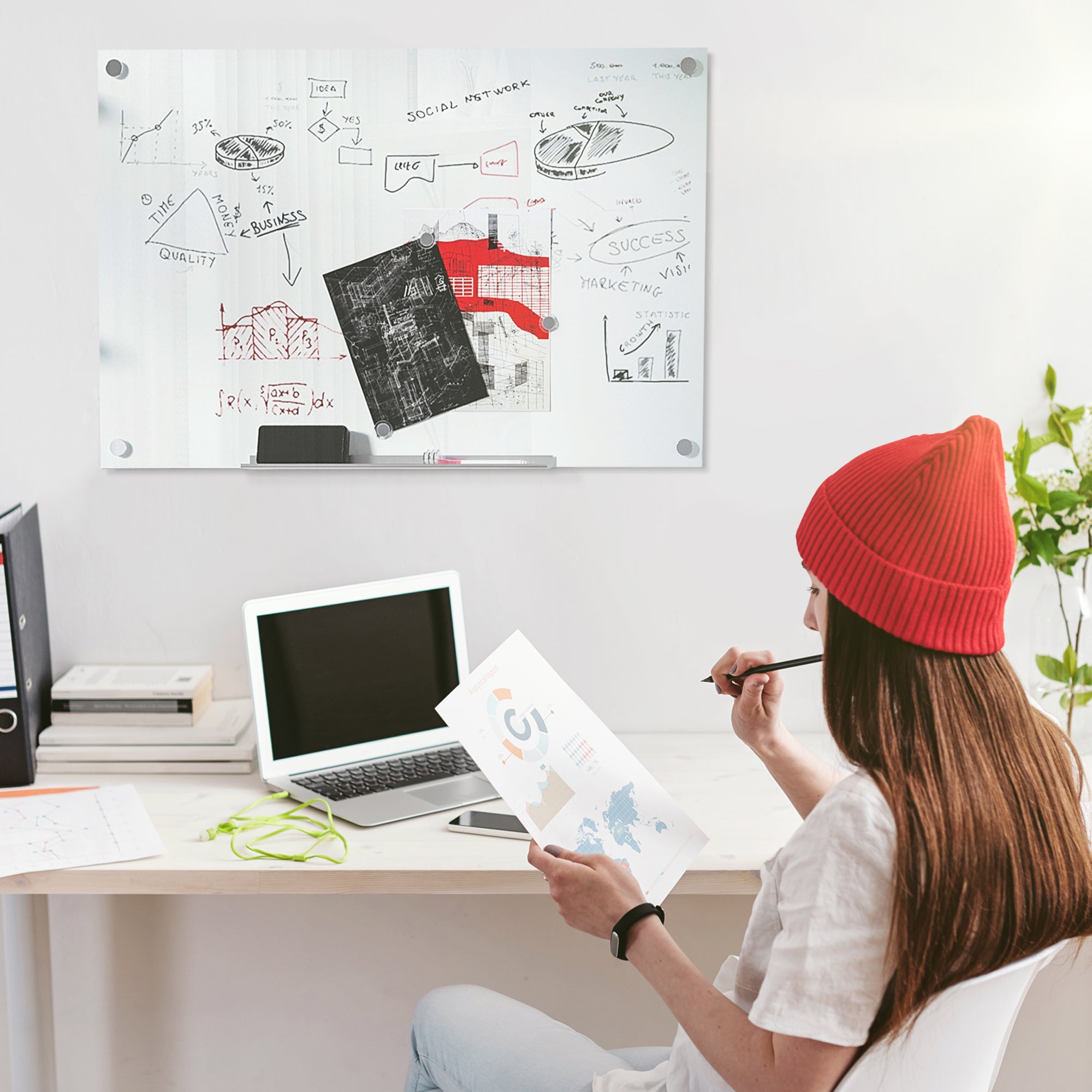 Vinsetto Glas Whiteboard, Memoboard, Whiteboard, 4 Stifte, 6 Magnete, 1 Schwamm,1 Ablage, Weiß