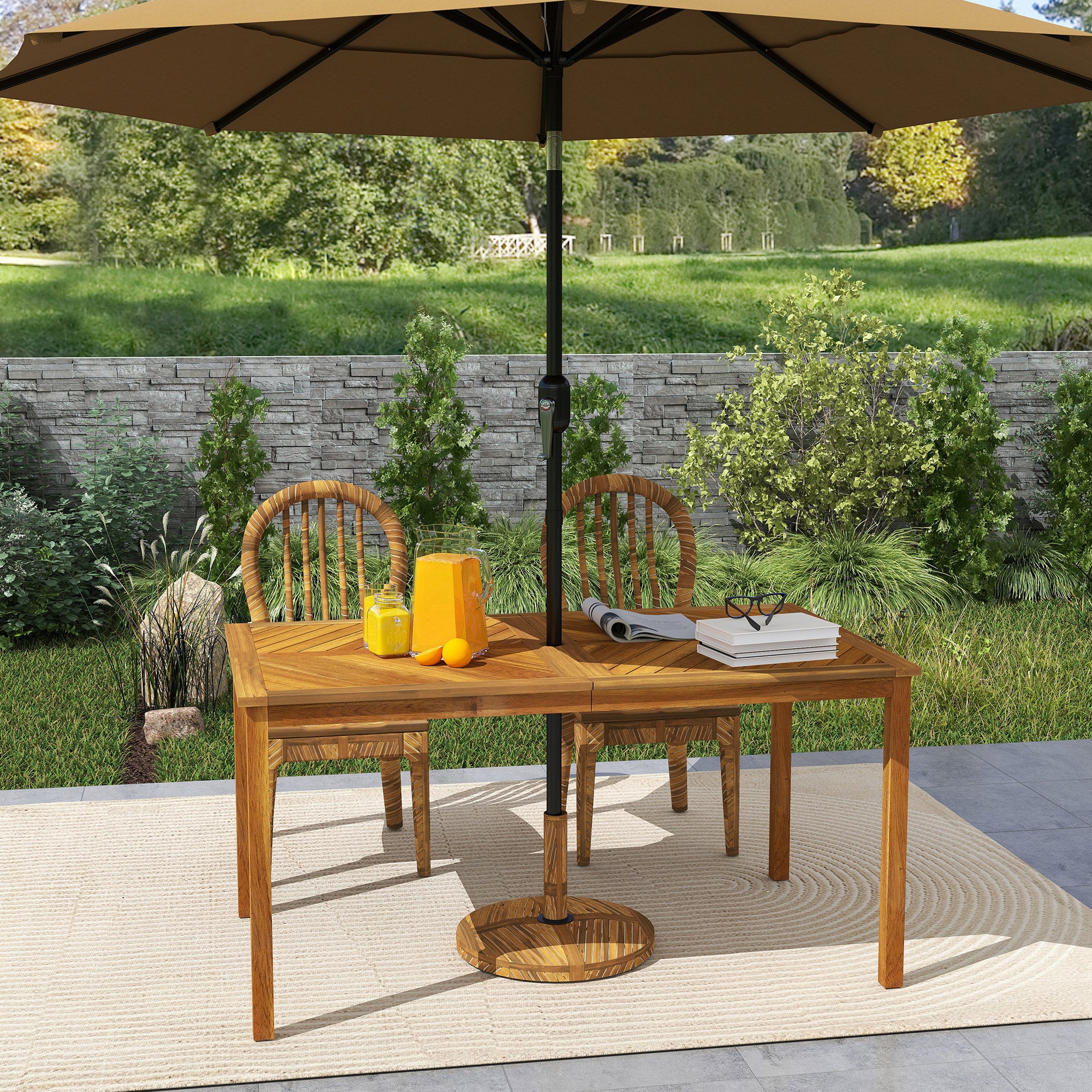Outsunny Gartentisch 150x85cm, Wetterfest Balkontisch aus Holz, 6 Personen mit Schirmloch, Lamellendesign Naturholz